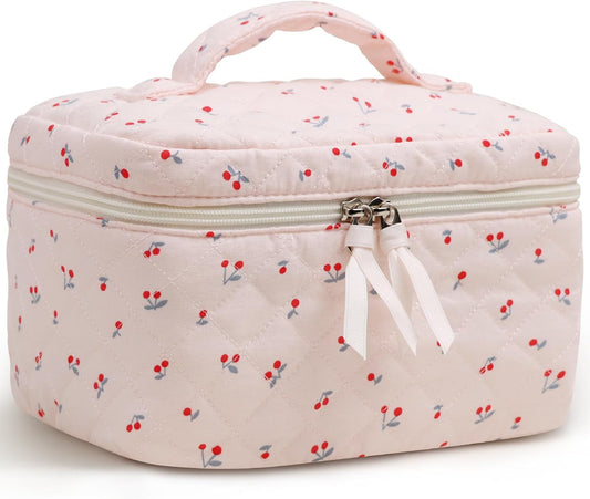 Prite Large Cosmetic Bags for Women Cute Makeup Bag Floral Coquette Aesthetic Toiletry Bag Travel Make Up Organizer Bag (Cherry)