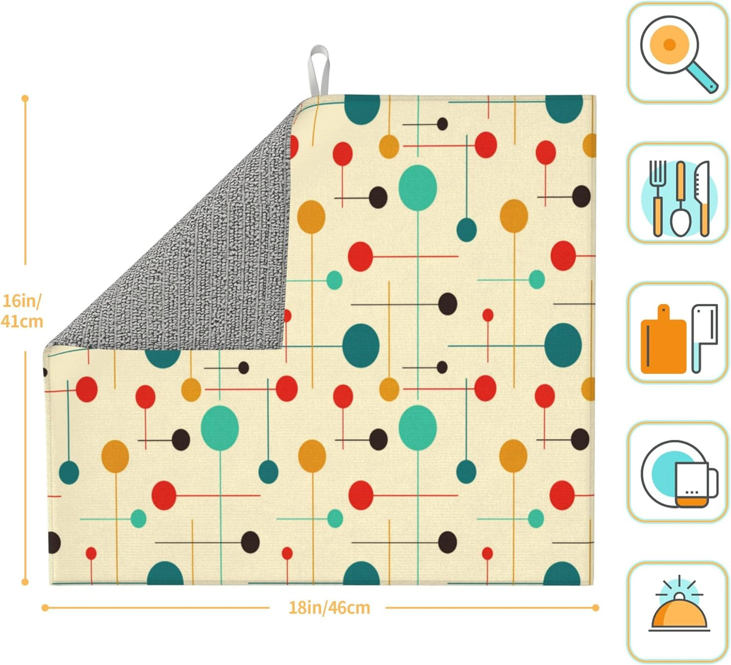 Mid Century Modern Atomic Retro Dish Drying Mat for Kitchen Counter Washable Drying Mat Absorbent Reversible Microfiber Yellow Drying Pad Kitchen Accessories 16"x18"