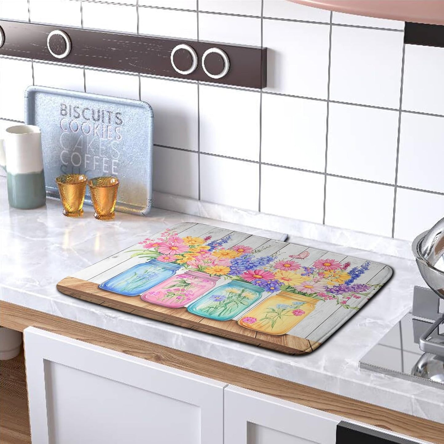 Daisy Dish Drying Mat for Kitchen Counter Spring Summer Flowers Vases Dishes Pad Microfiber Absorbent Dish Draining Mats Rustic Farmhouse Floral Wooden Board Dish Drainer Rack Mat 16x18 Inch