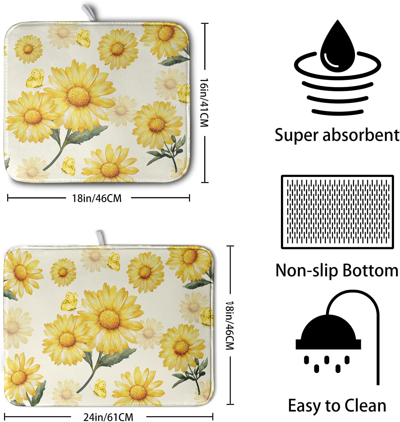 Yellow Sunflower Dish Drying Mat for Kitchen Counter Summer Daisy Floral Dishes Pad Farmhouse Flower Dish Draining Microfiber Absorbent Dish Drainer Rack Mat Large 16x18 Inch