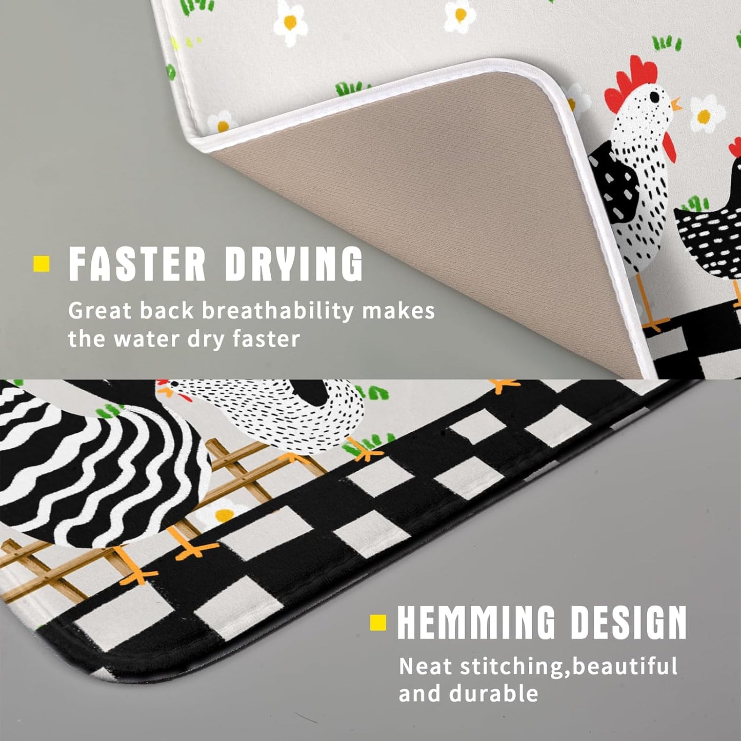 Black Rooster Dish Drying Mat for Countertop 16x18 Inches Buffalo Plaid Microfiber Drainer Rack Pads Fast Dry Dishes Mats Kitchen Accessories