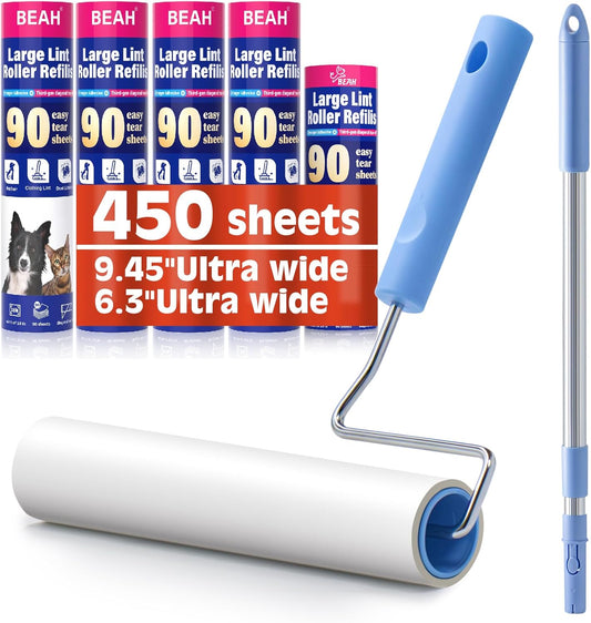 Large Lint Rollers for Pet Hair Extra Sticky,9.45''/6.3"Pet Hair Removal Tool Roller for Dog Cat Hair,450 Sheets/5 Refills,Detachable Telescoping Extension Lint Remover Brush for Clothes,Couch,Carpets