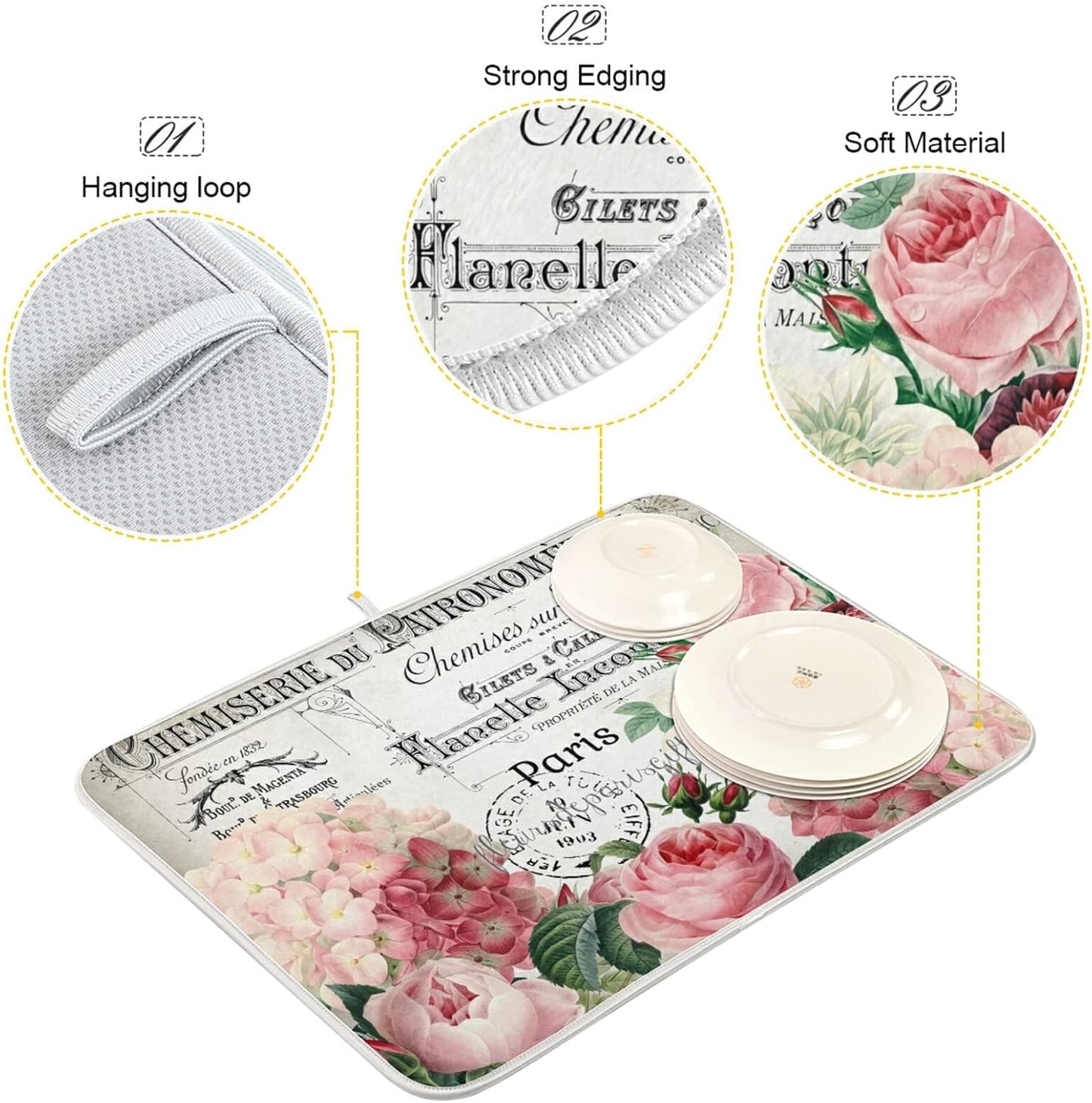 Vintage Pink Rose Flower Dish Drying Mats for Kitchen Drying Mat 16 x 18 Inch Absorbent Microfiber Drying Dish Mat Machine Washable Dish Rack Pad Dish Drainer Mat
