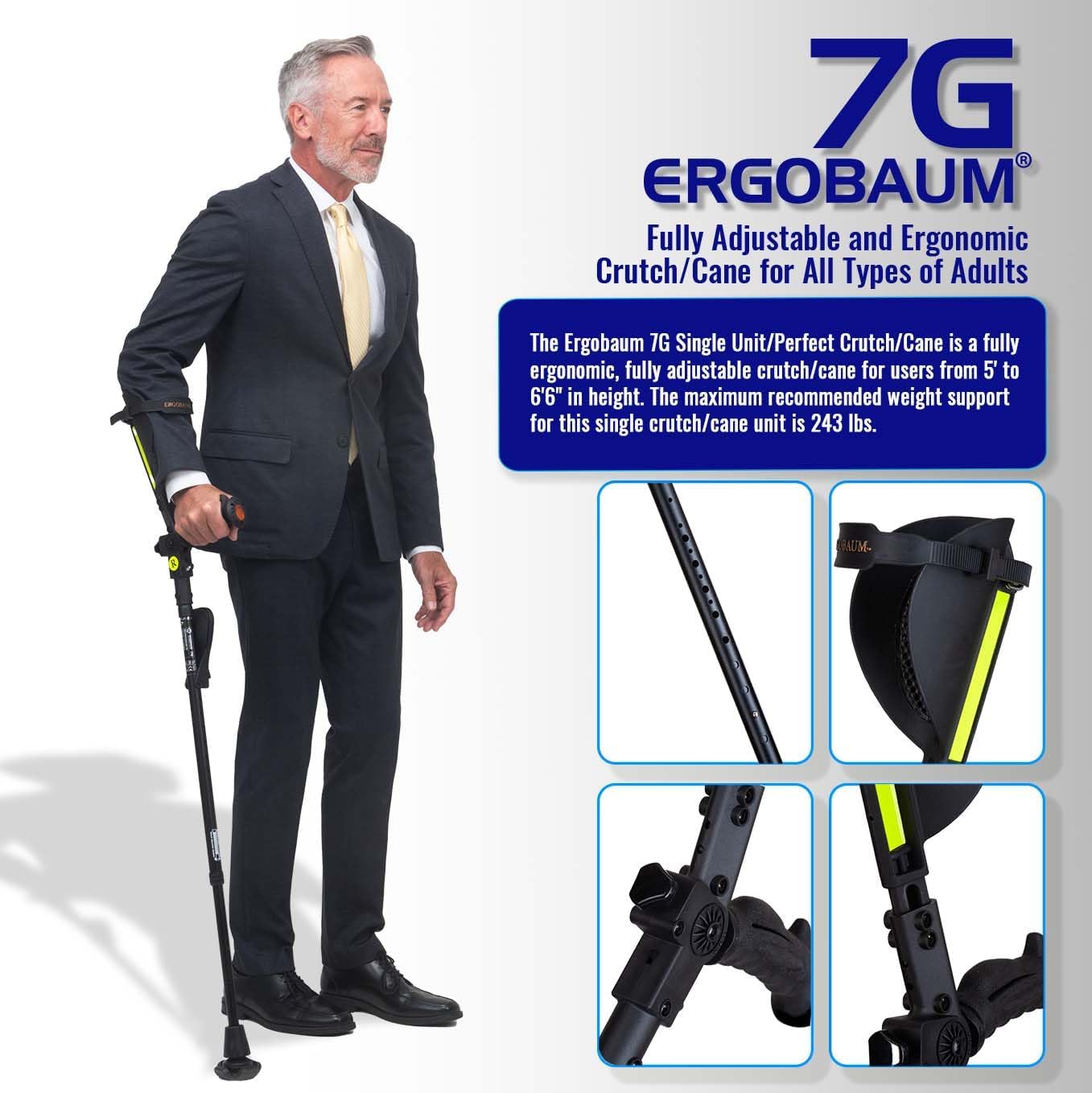 7G Ergonomic Crutch/High Performance Perfect Cane- Single Unit Ergobaum That Acts As a Extra Balance Strong Performance Walking Companion