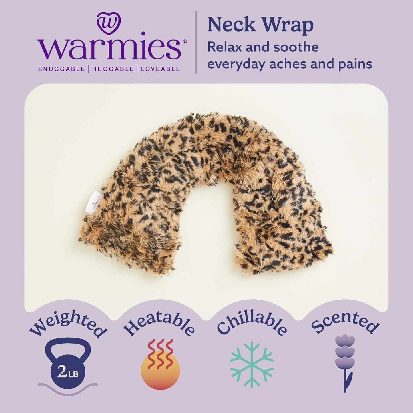 warmies Microwavable Neck & Shoulder Wrap - Heating & Cooling Plush Pad for Calming Relaxation - Weighted & Heated Neck Warmer with Scented Lavender - Microwave Heat Pad for Aches & Pain – Leopard