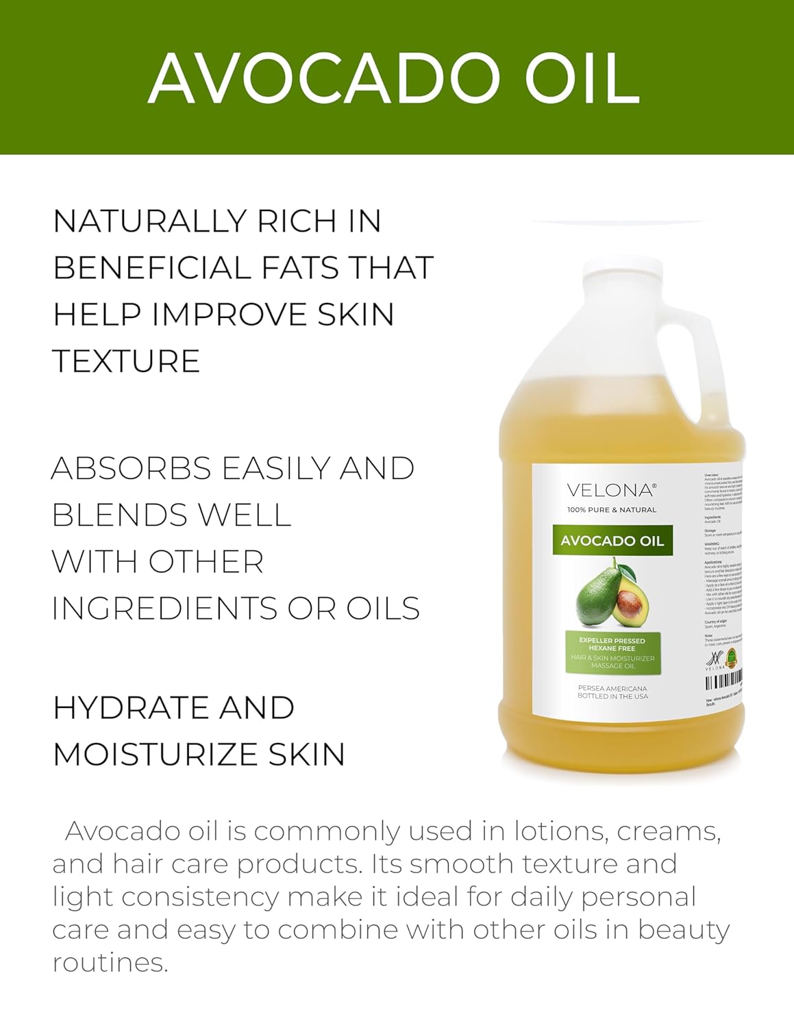 velona Avocado Oil 64 Fl Oz | 100% Pure and Natural Carrier Oil | Expeller-Pressed | Hair, Body and Skin Care | Use Today - Enjoy Results