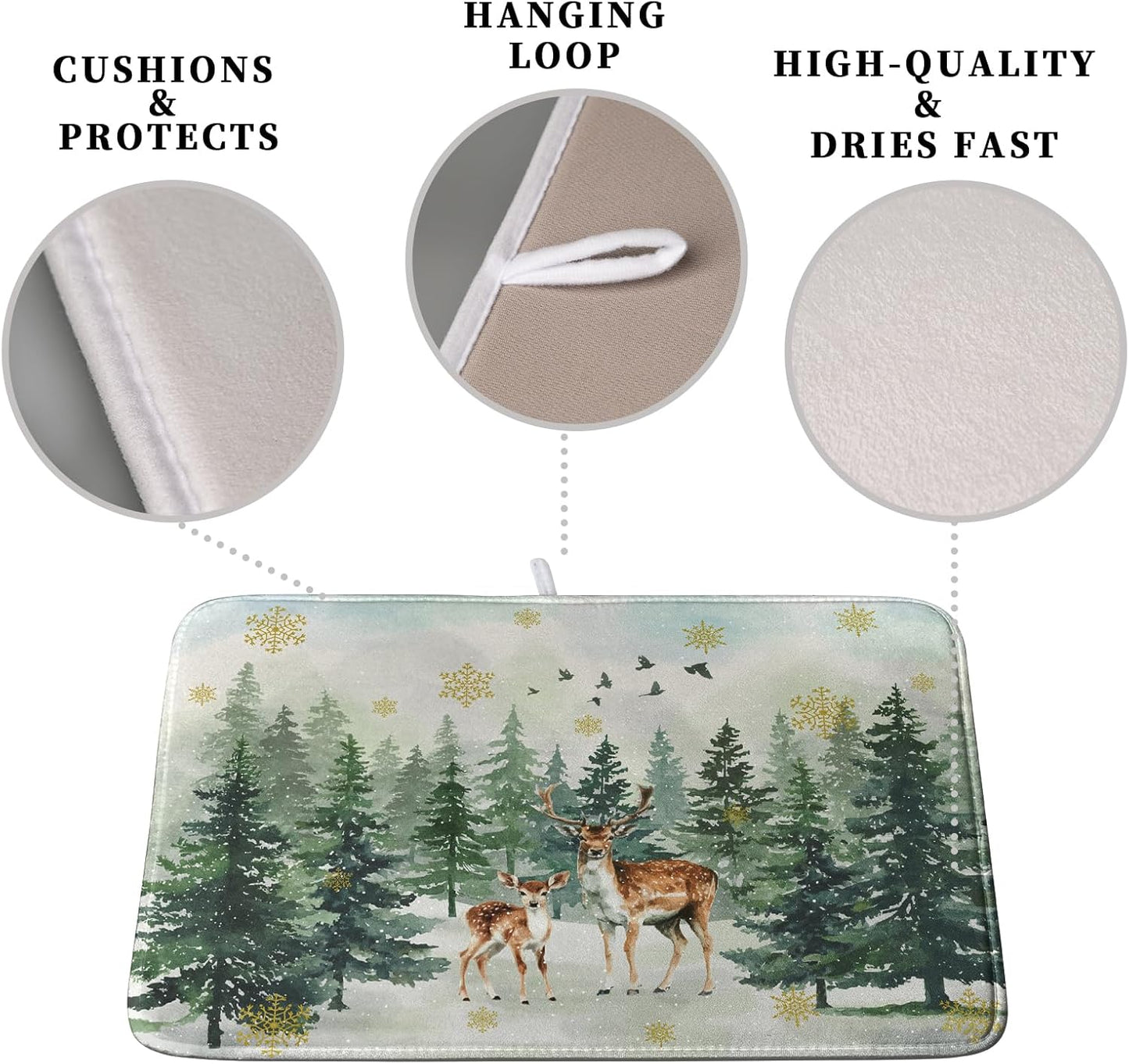 Reindeer Tree Snowflakes Christmas Dish Drying Mats for Kitchen Counter 16x18 Inch Winter Forest Dish Drainer Mats Absorbent Reversible Dish Draining Microfiber Dishes Drying Pad
