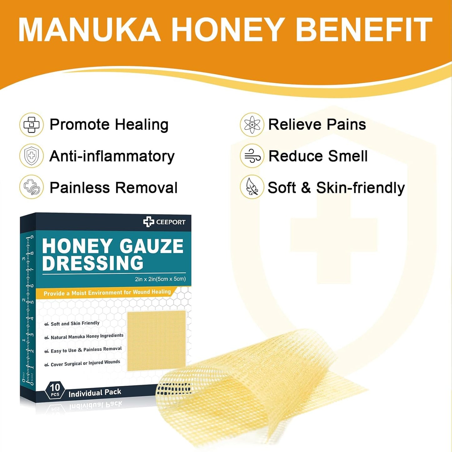Manuka Honey Gauze Wound Dressing 2" x 2",10 Pack Manuka Honey Wound Care Pads, Medical Grade Honey Bandages for Wound Care, Honey Patch for Faster Healing from Burns,Abrasions,Cuts and Scalds