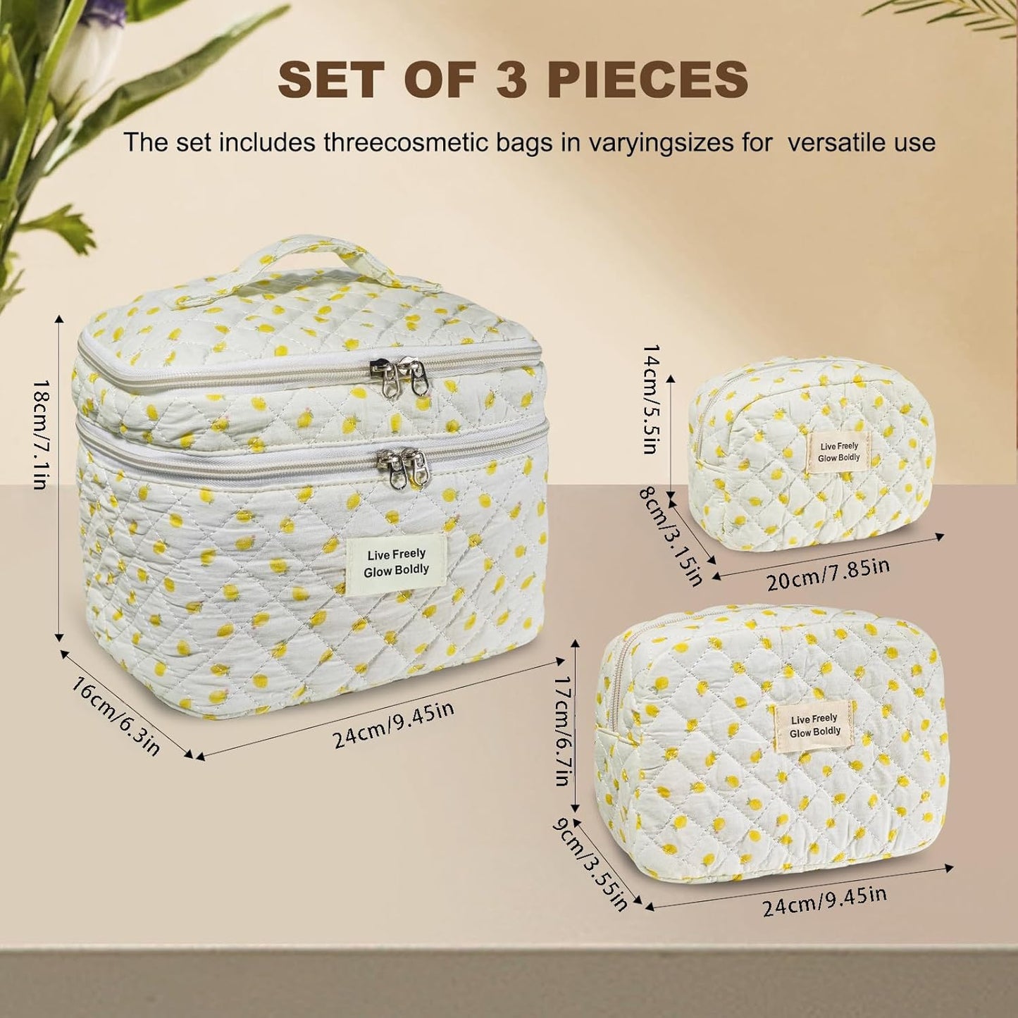 3Pcs Large Travel Quilted Makeup Bag, Double Layer Cute Floral Cotton Toiletry Bag, Aesthetic Flower Cosmetic Bag Coquette Skincare Organizer Bag for Women (78-Lemon)