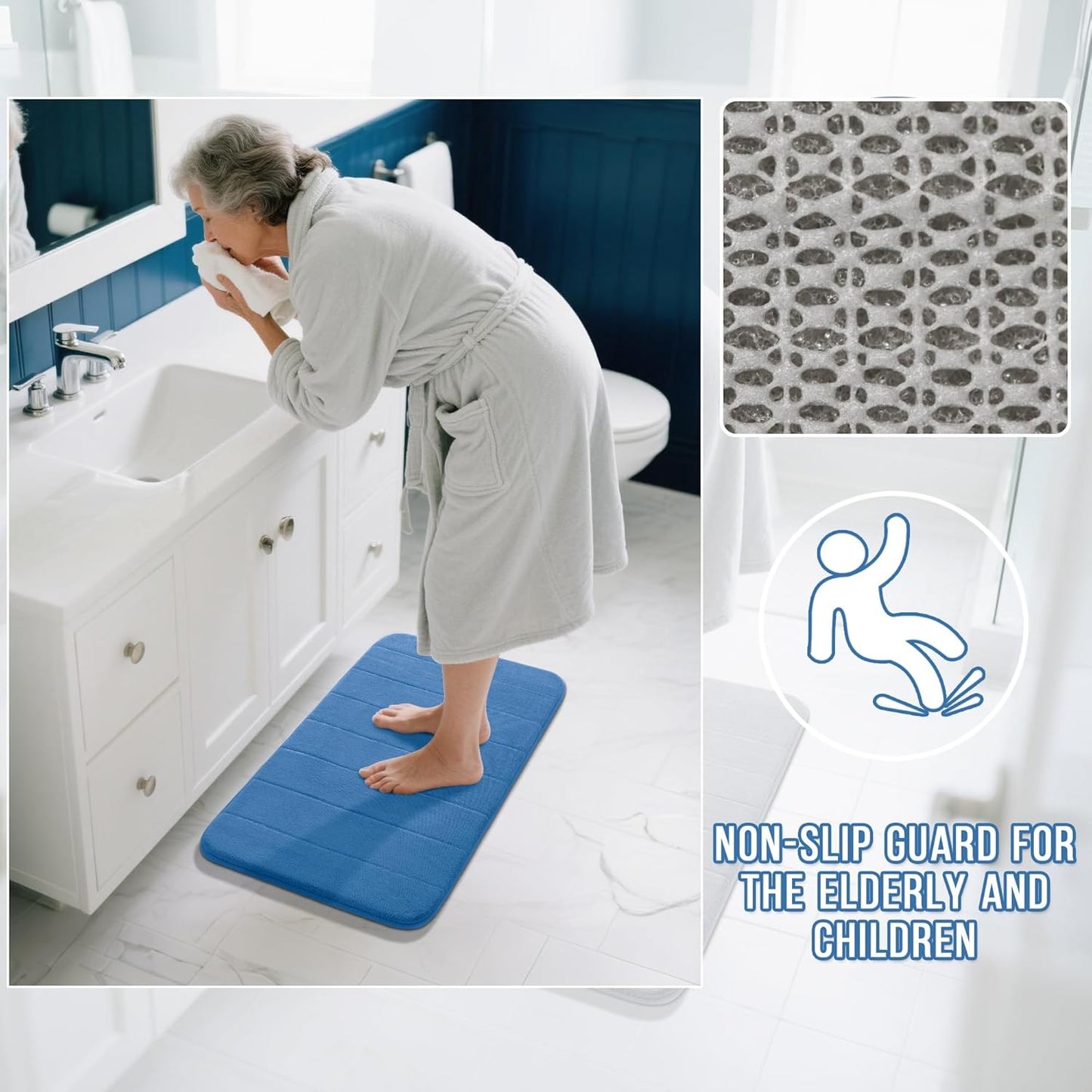 Yimobra Large Bath Mat 36"x24", Super Soft Quick Dry Memory Foam Bathroom Rug, Water Absorbent, Non Slip Backing Machine Washable for Tub Shower, Thick Comfort Support, Blue