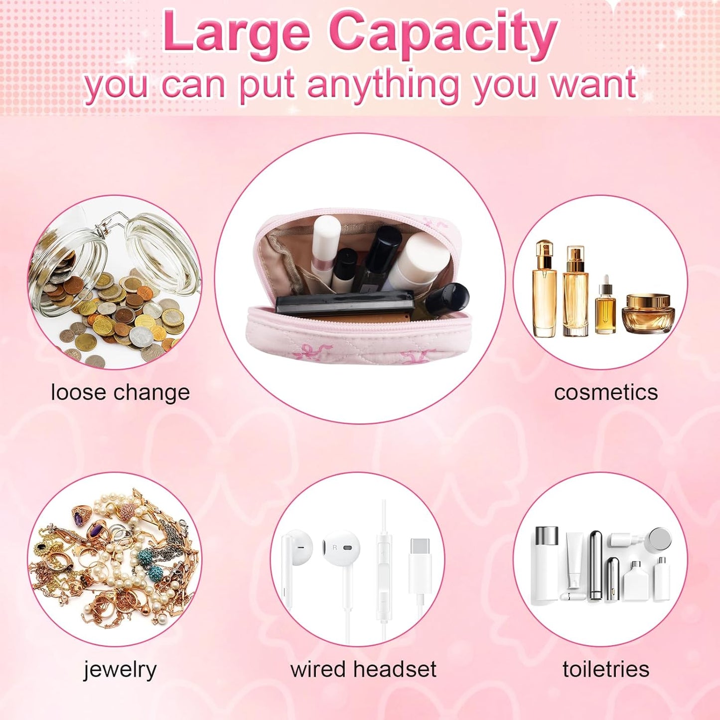 Small Quilted Cotton Makeup Bag for Purse Mini Cosmetic Period Bag for Women Cute Pink Bow Ribbon Makeup Sanitary Pouch Portable Travel Toiletry Bags with Zipper Slip in Pockets Birthday Gifts