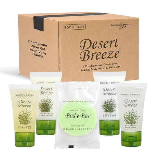 Desert Breeze Hotel Soaps and Toiletries Bulk Set | 1oz Hotel Shampoo & Conditioner, Body Wash, Body Lotion & Bar Soap | Travel Size Toiletries 300 Pieces
