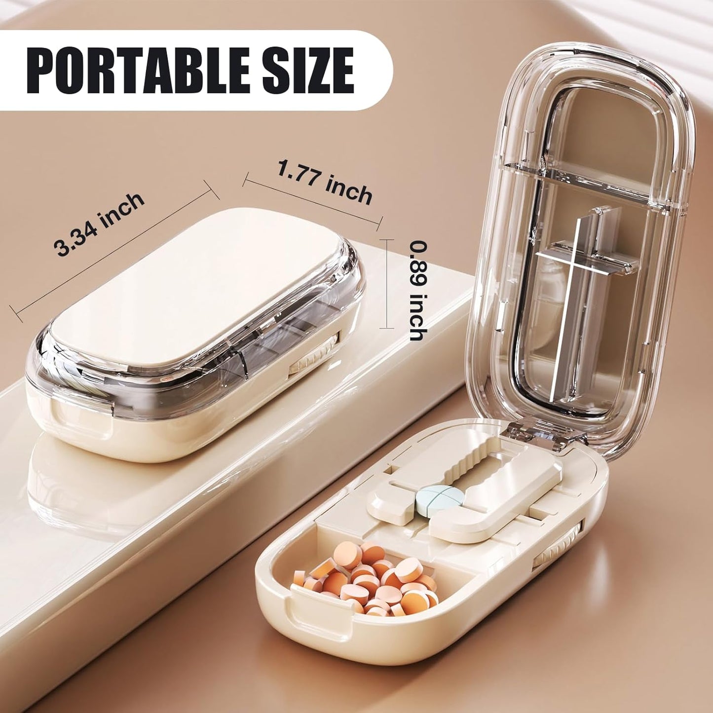 Portable Pill Cutter with Adjustable Slots – Multi Pill Splitter for Small & Large Tablets, Stainless Steel Blade, Clear Cut, Non-Slip Design, Easy to Use for Weekly Medication(Beige, 1/4)