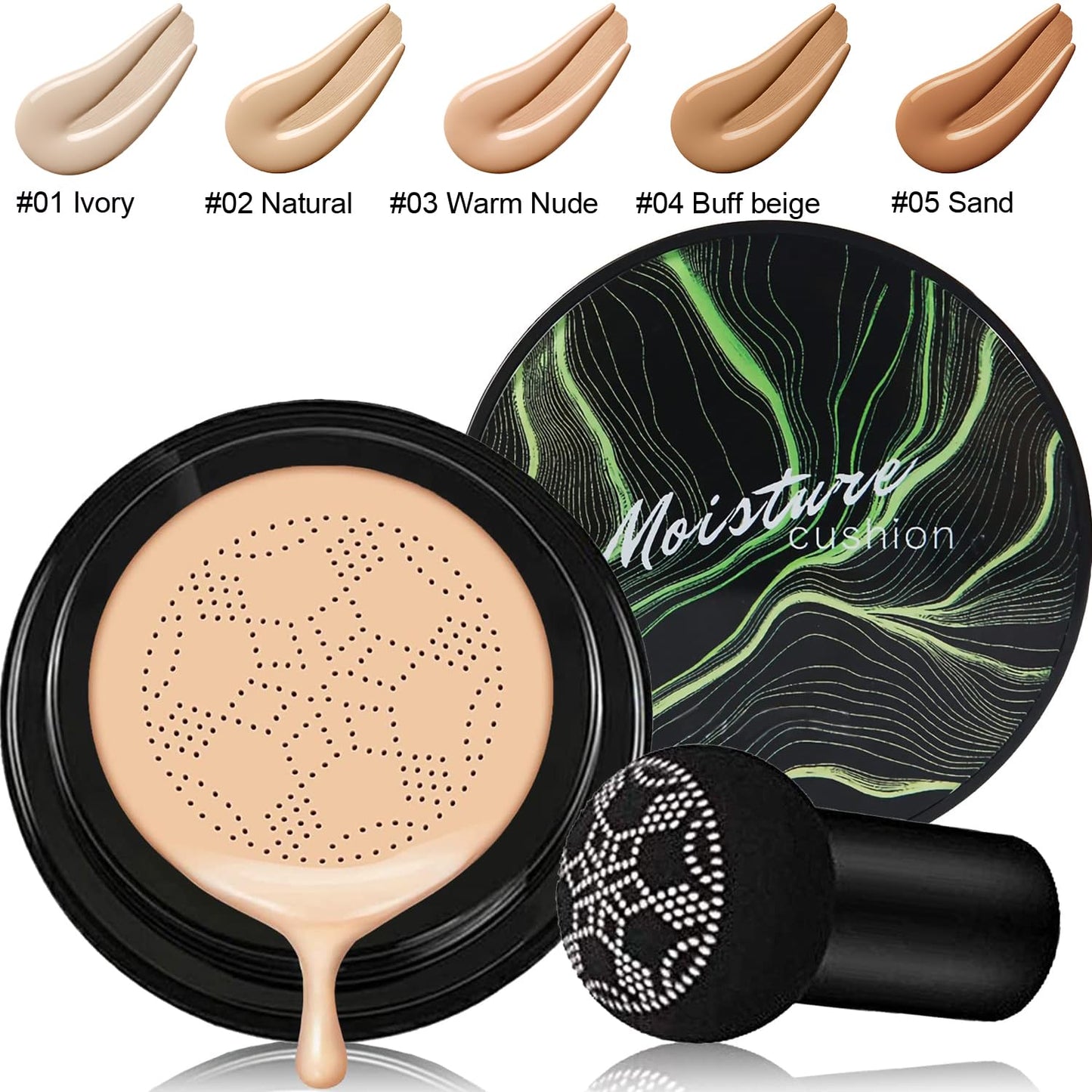 Mushroom Head Air Cushion CC Cream Nature Foundation, Moisturizing BB Cream Long Lasting Matte Concealer, Bright Makeup Base Long Lasting with Mushroom Makeup Sponge (#02 Natural)