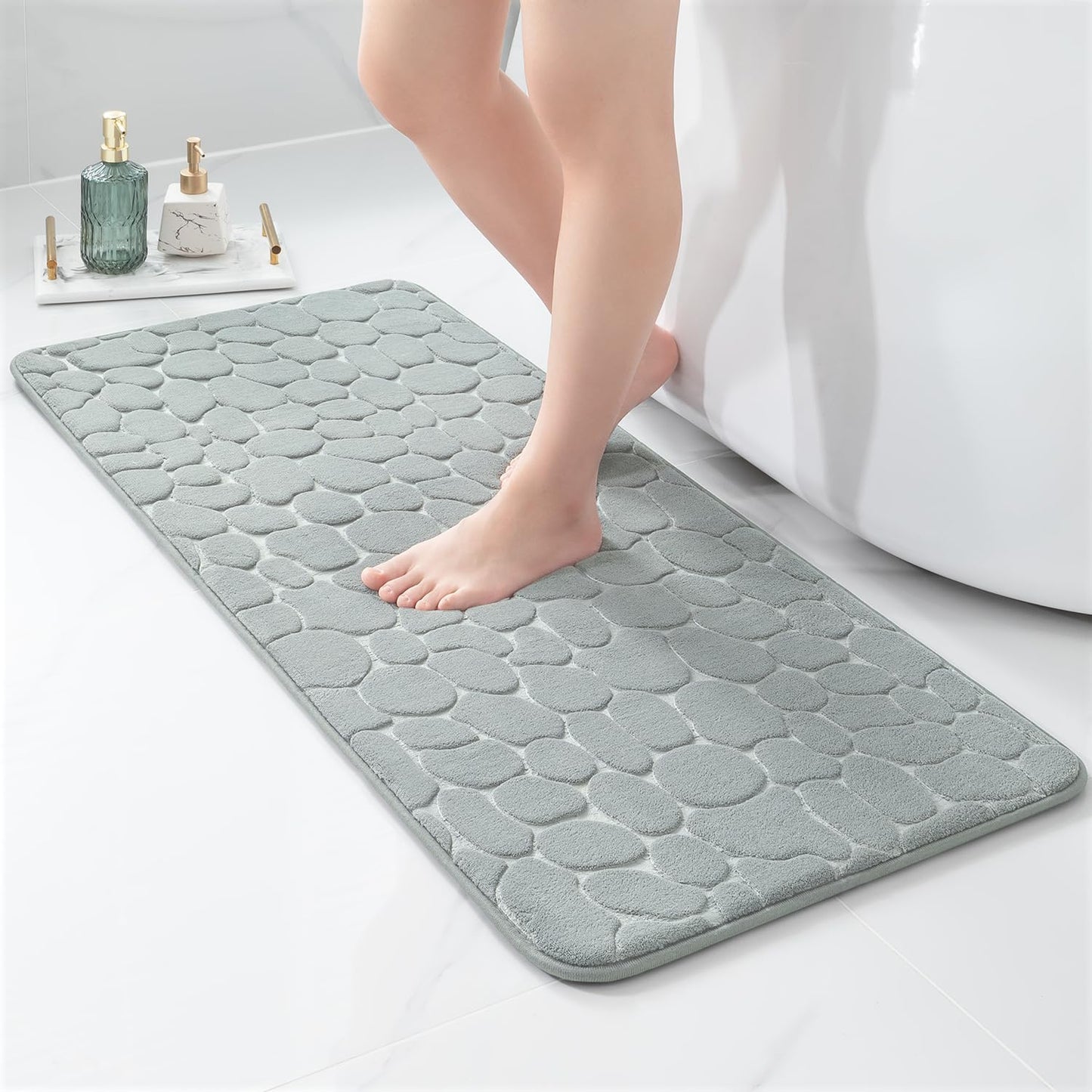 YIHOUSE Memory Foam Runner Rug, Cobblestone Bathroom Runner Rugs Super Water Absorbent Bath Mats for Bathroom Machine Washable Bath Rugs Runner for Hallway Bedroom Laundry Room(20 x 47,Light Gray)