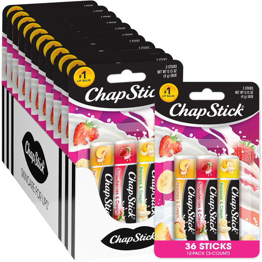 ChapStick Bulk Lip Balm, Fruit & Cream Collection, 3-Packs (12 Sets/36 Tubes) – Sweet & Delicious Lip Care, Birthday Gifts, Party Favors, Stocking Stuffers, 0.15 Oz Ea