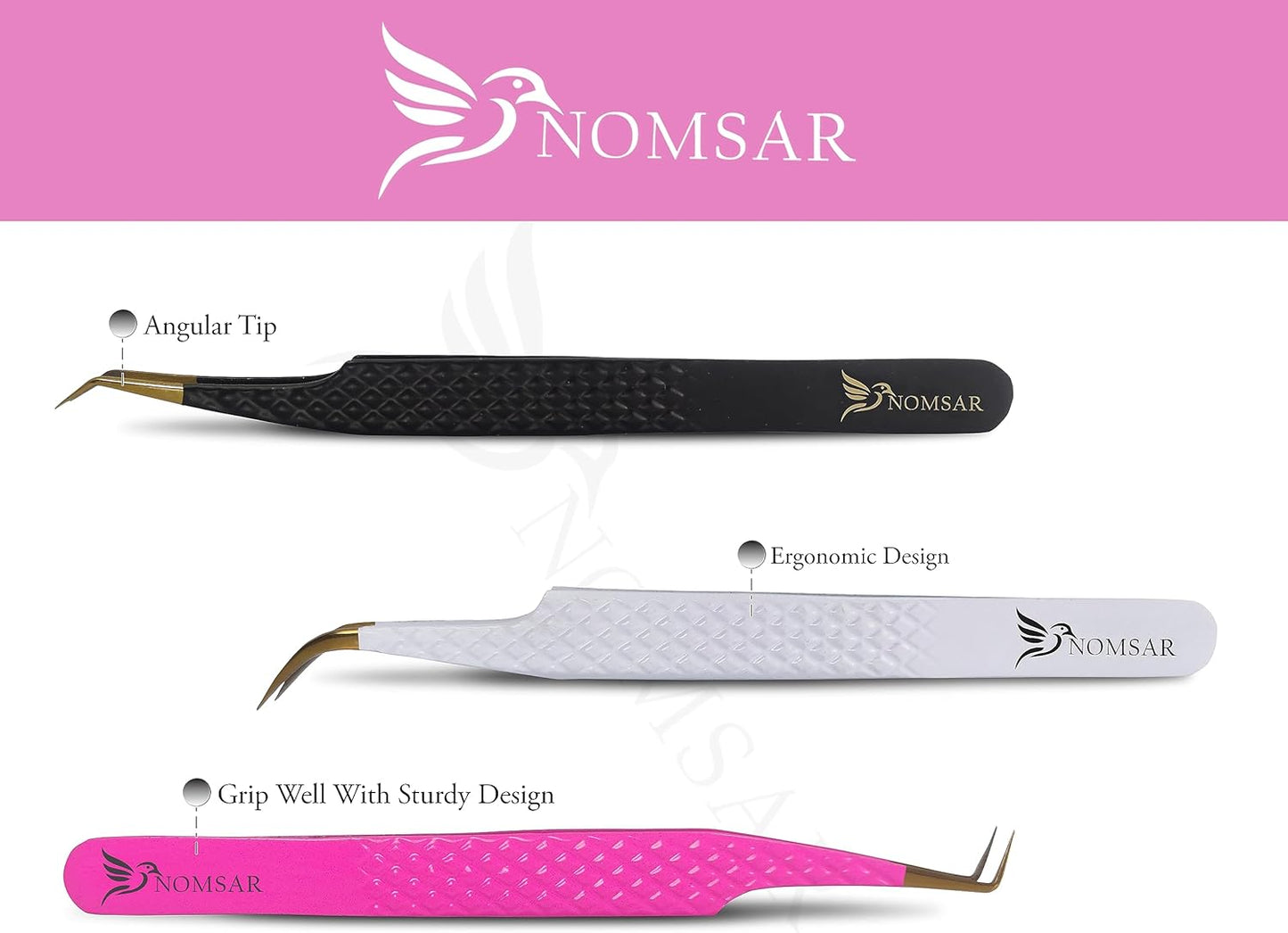 Eyelash Extensions Tweezers, Set of 3 - Stainless Steel with Diamond Grip for Volume lash Extension - Fiber Tip Tweezers for Multipurpose & Application (Black)