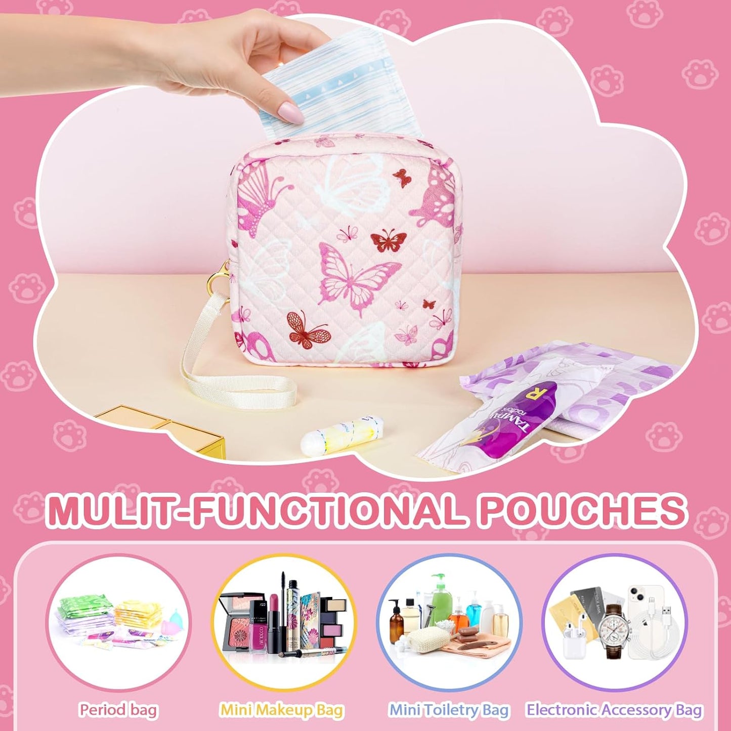 Tampon Holder for Purse, Quilted Period Bag Sanitary Napkin Storage Bag for Girls Womens, Portable Feminine Emergency Pad Period Pouch(Butterfly Bear)