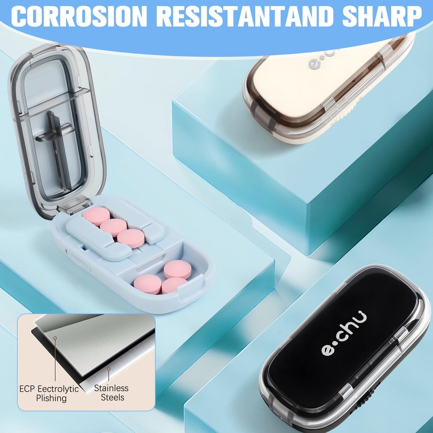 Pill Cutter Splitter for Small and Tiny,Echu Pill Cutter,1/2 & 1/4 Adjustable Pills Splitter with Centering Device for Cutting Multiple Pills,Easy to Use (Black)