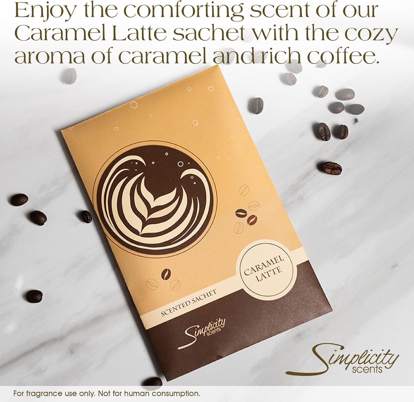 Floral Simplicity Caramel Latte Scented Sachets Pack of 6, Fall & Winter - Long-Lasting Scented Bags, Home Fragrance, Air Freshener & Deodorizer for Closet, Room, Drawer, or Cars, Made in The USA