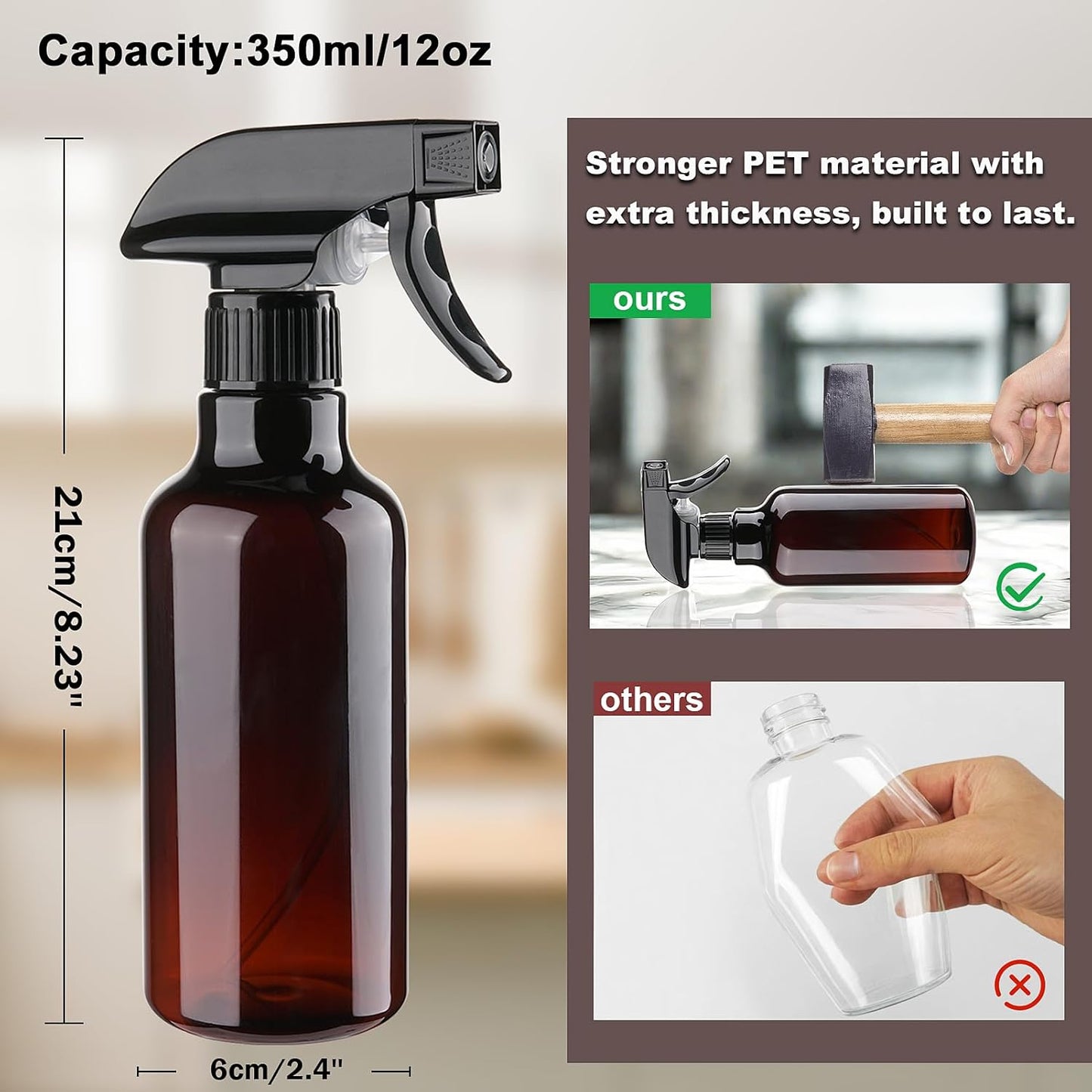 Spray Bottles Plastic Spray Bottle for Hair Mist/Stream Heavy Duty Empty Spray Bottles for Cleaning Solutions, Plants, Cooking (12oz-Brown+nozzle)