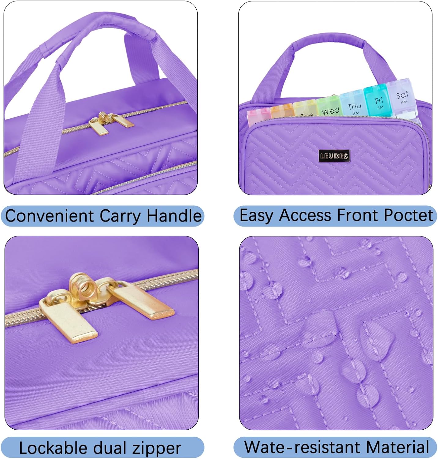 Leudes Travel Pill Bottle Organizer,Medicine Organizer and Storage,Home Medication Bag, Cases,Carrier for Pills,Vitamin,Fish Oil,Supplements for Women and Men (Large, Purple)