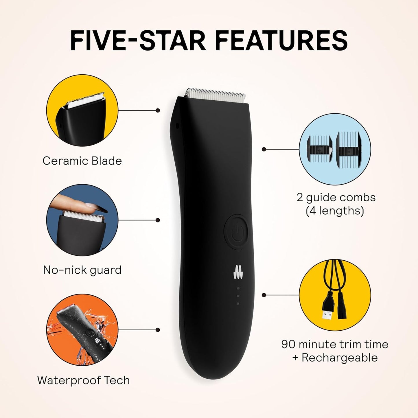 MERIDIAN The Trimmer Original - Body Hair Trimmer for Men, Electric Shaver for Pubic Hair, Chest, Legs & Bikini, Waterproof & Rechargeable, Onyx