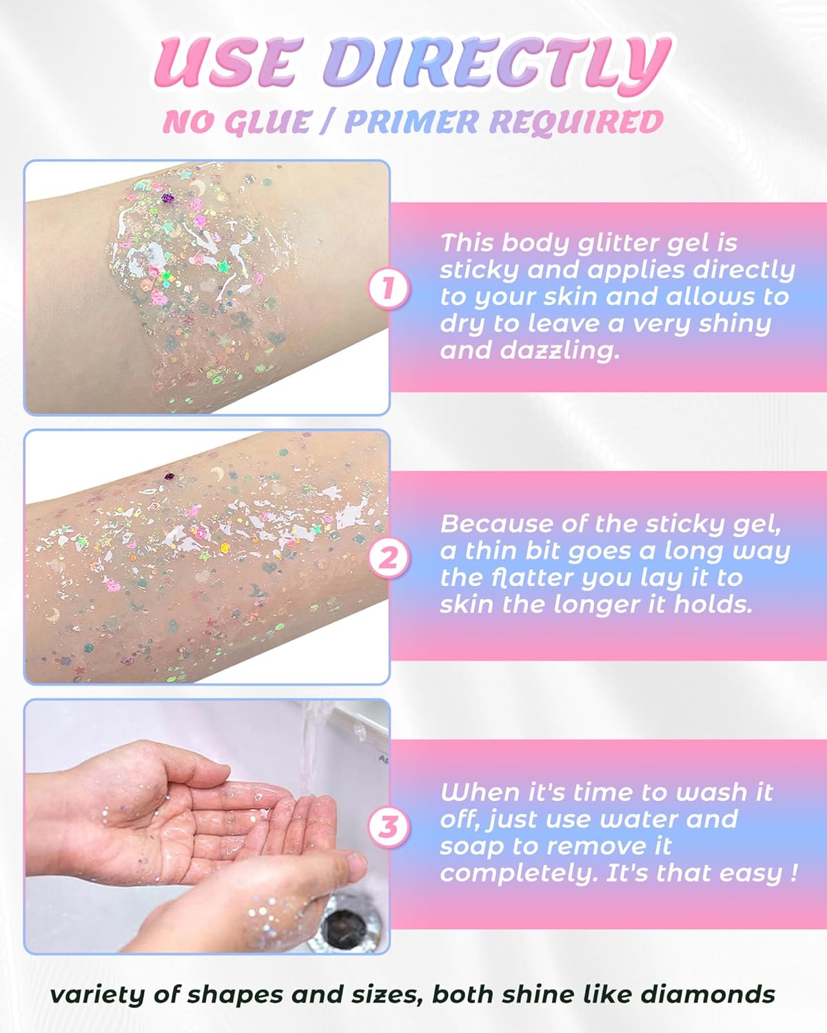 6 Pcs Clear White Face Body Glitter Gel，Holographic Chunky Sequins Body Glitter Paint for Party Singer Concerts Music Festival Rave Accessories for Girls Women Face Body DIY Sparkling Makeup