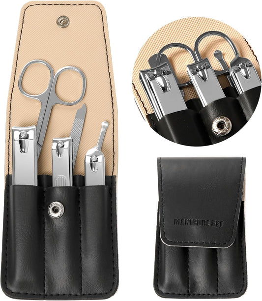 Premium Stainless Steel Nail Clippers Set - Travel Grooming Kit, 6pc Manicure/Pedicure Tools with PU Case - Unisex Gift for Men and Women(D-Black)