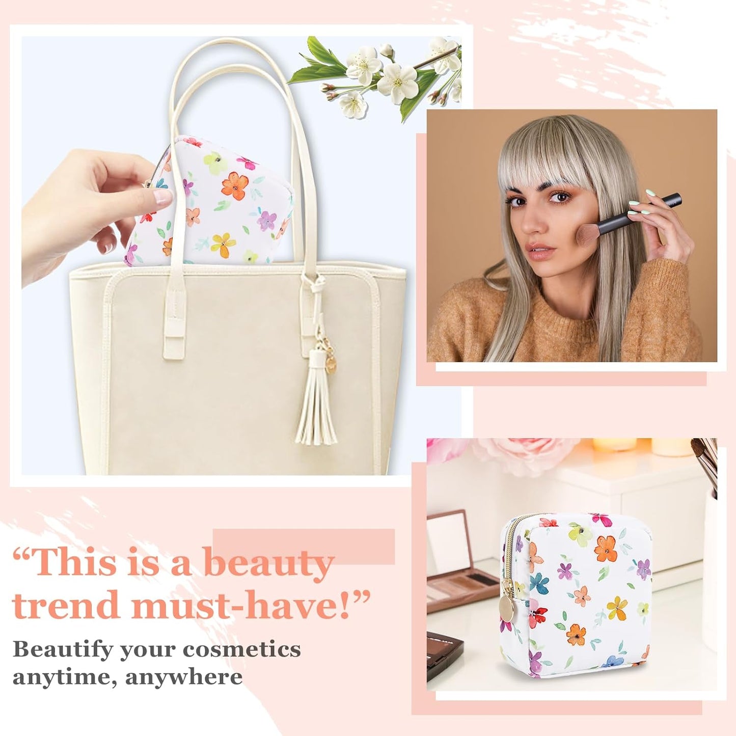 Nylon Mini Floral Makeup Bag for Purse, Small Cute Makeup Bag Preppy Flower Cosmetic Zipper Pouch, Waterproof Travel Set Coin Pouch Sanitary Napkin Storage Bag Makeup Organizer for Women(White-Flower)