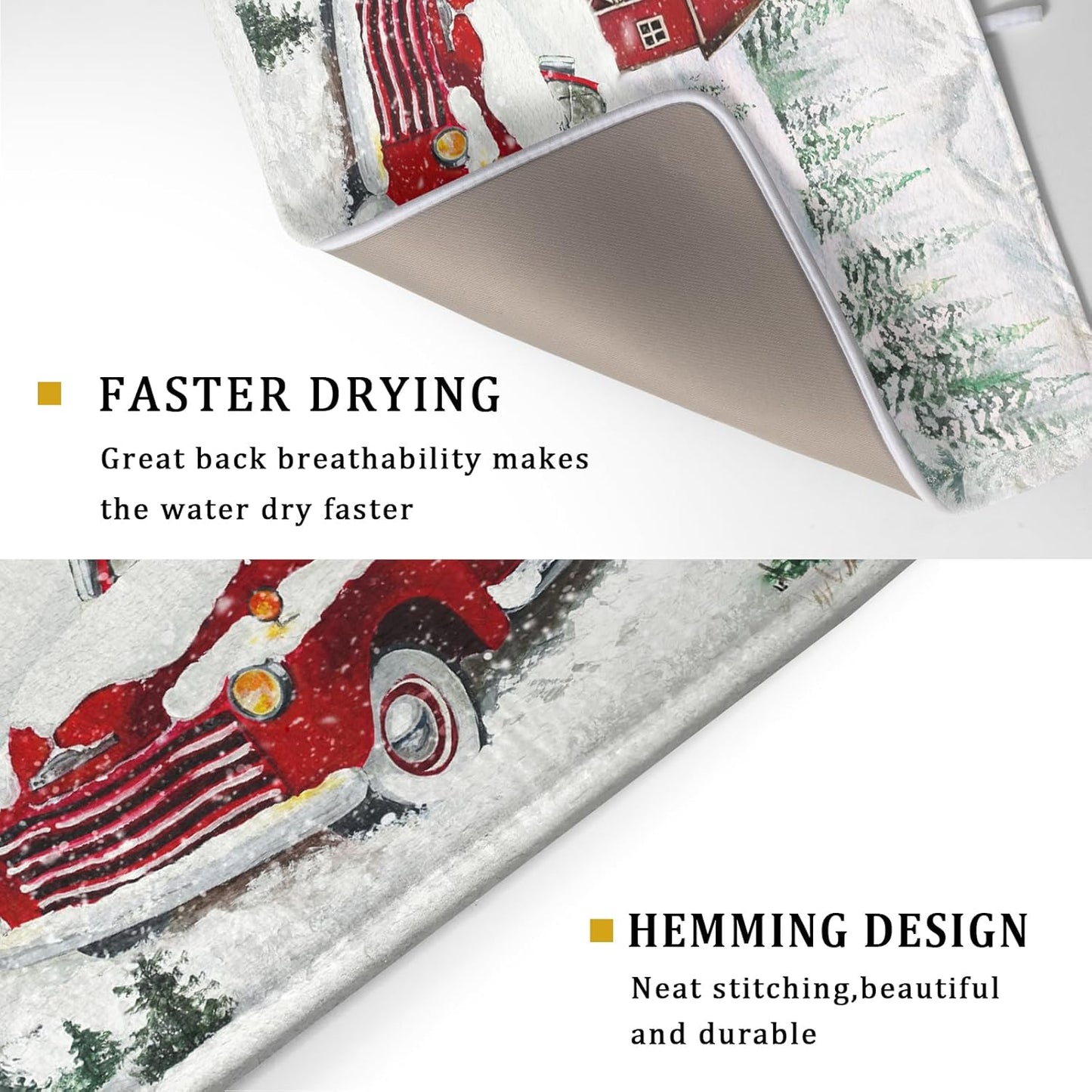 Winter Red Truck Dish Drying Mat Christmas Tree Dishes Pad 18x24 Inch Dish Drainer Rack Mats Absorbent Fast Dry Kitchen Holiday Accessories