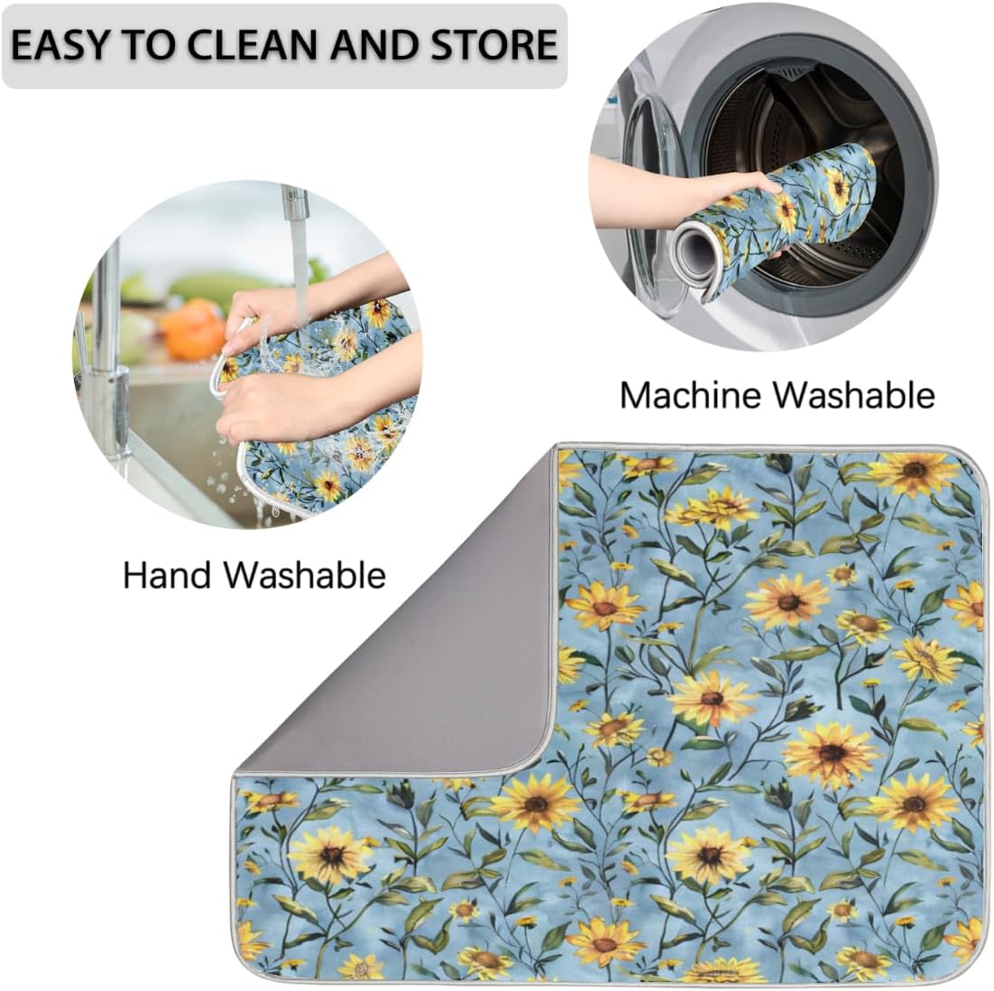 Hexteria Sunflower Large Dish Drying Mats for Kitchen Counter, Quick Dry Dish Mat 18 x 24 Inches, Dishes Draining Mats Foldable Dish Rack Pad, Sunflower