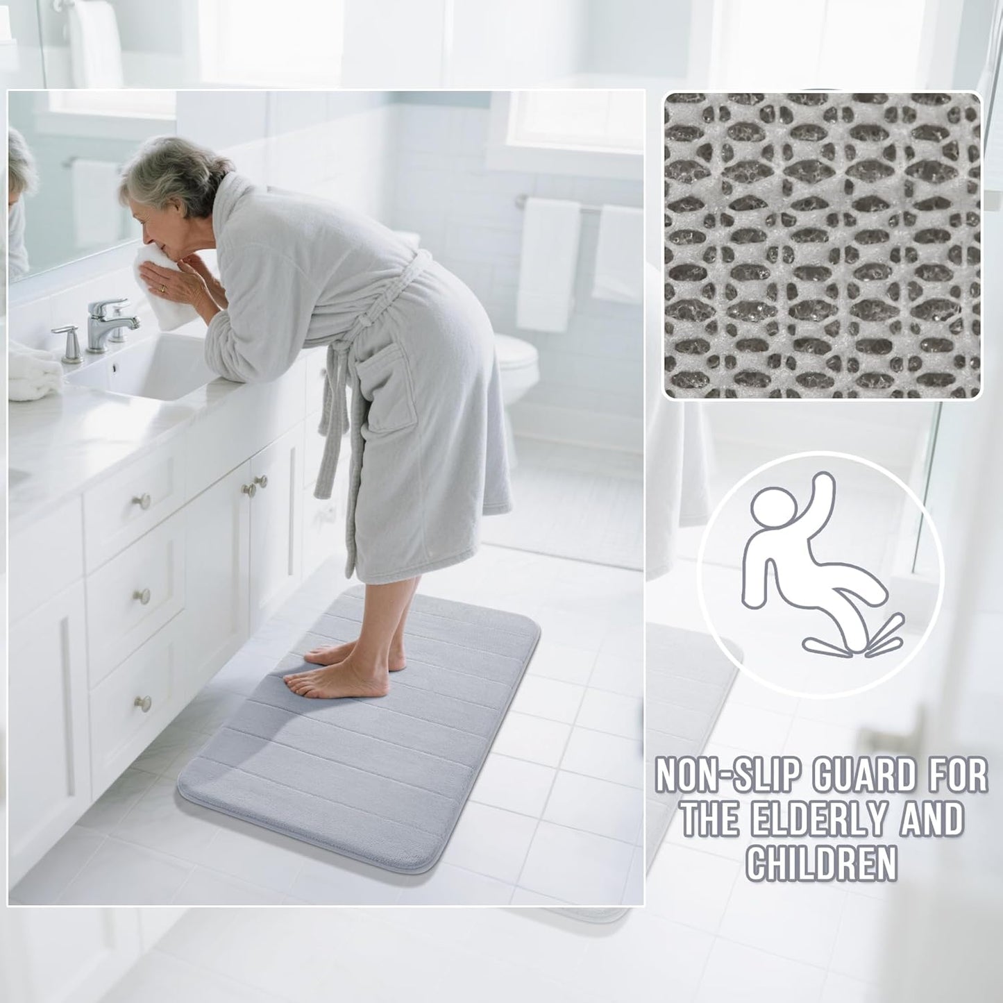 Yimobra Memory Foam Bath Mat, Super Soft Absorbent Bathroom Rug Non Slip 31.5x20 Inch, Quick Dry, Machine Washable Floor Carpet for Tub Shower, Home Decor Accessories, Silver