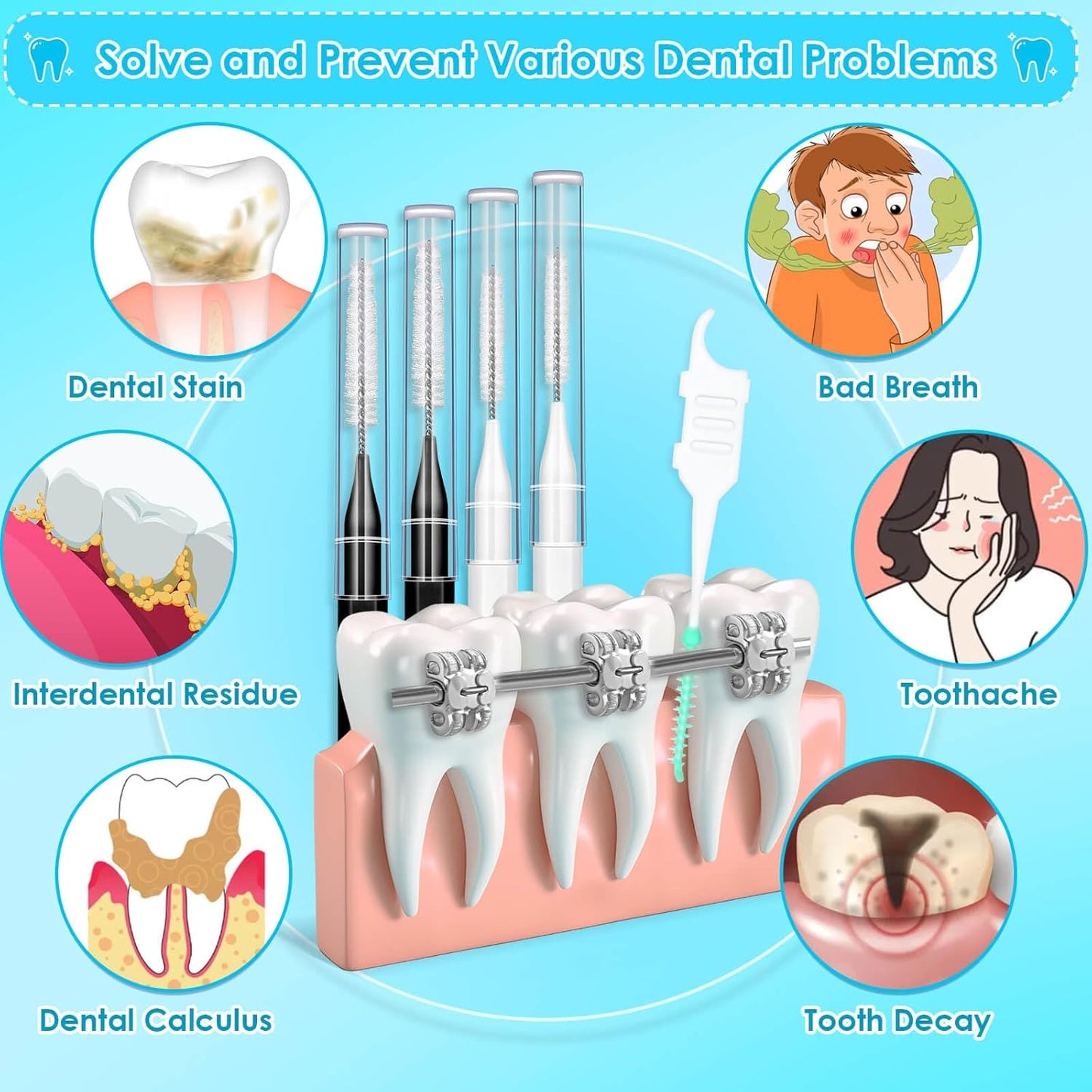 270Pcs Interdental Brush, 220Pcs Soft Dental Picks & 50Pcs Braces Brush for Teeth, Bendable Braces Flossers Heads Interdental Brushes Between Teeth Oral Tooth Braces Cleaner (Black & White)