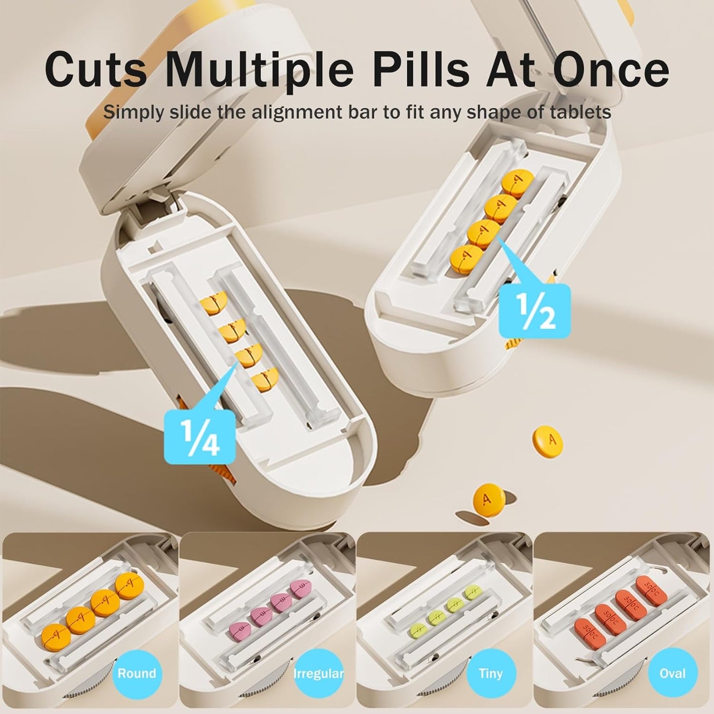 Multiple Pill Cutter - Pill Cutter Splitter for Small Tiny Large Pills Professional | Vertical Press-Down Cutting & Adjustable | Sturdy Blade & Guard | Includes Cleaning Brush (Orange)