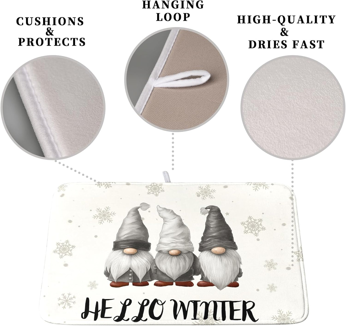 Winter Gnome Dish Drying Mat for Kitchen Counter 18x24 Christmas Snowflakes Santa Kitchen Drying Mat Hello Winter Dish Drainer Mat Super Absorbent Dish Rack Mat for Coffee Bar Countertop