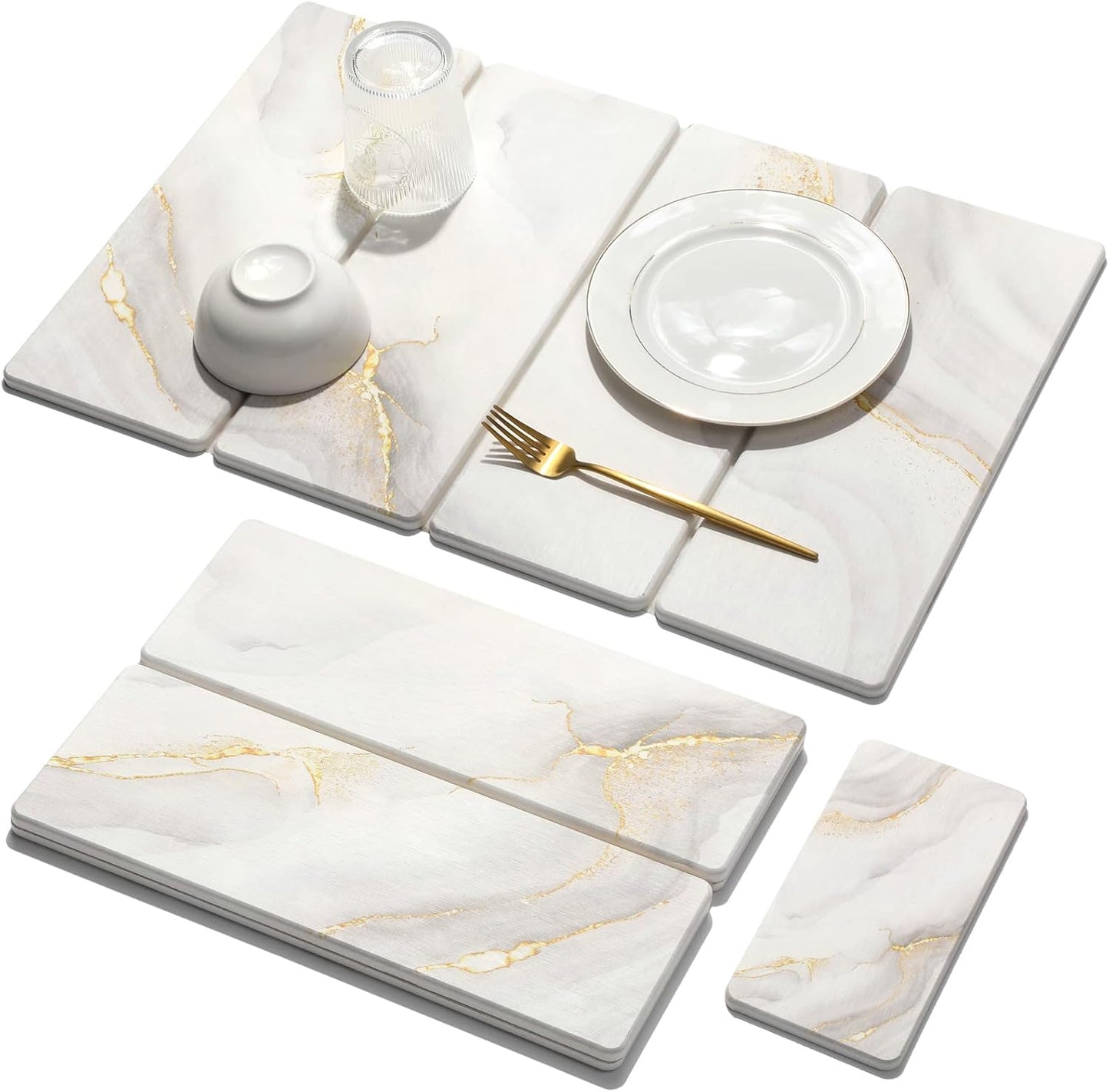 2 PCS Large Stone Dish Drying Mat for Kitchen Counter Quick Dry Stone Dishes Mats Marbled Water Absorbing Diatomaceous Earth Drying Pad for Countertop Bottles Utensils Cups (Gold White 24"x16"&8"x4")