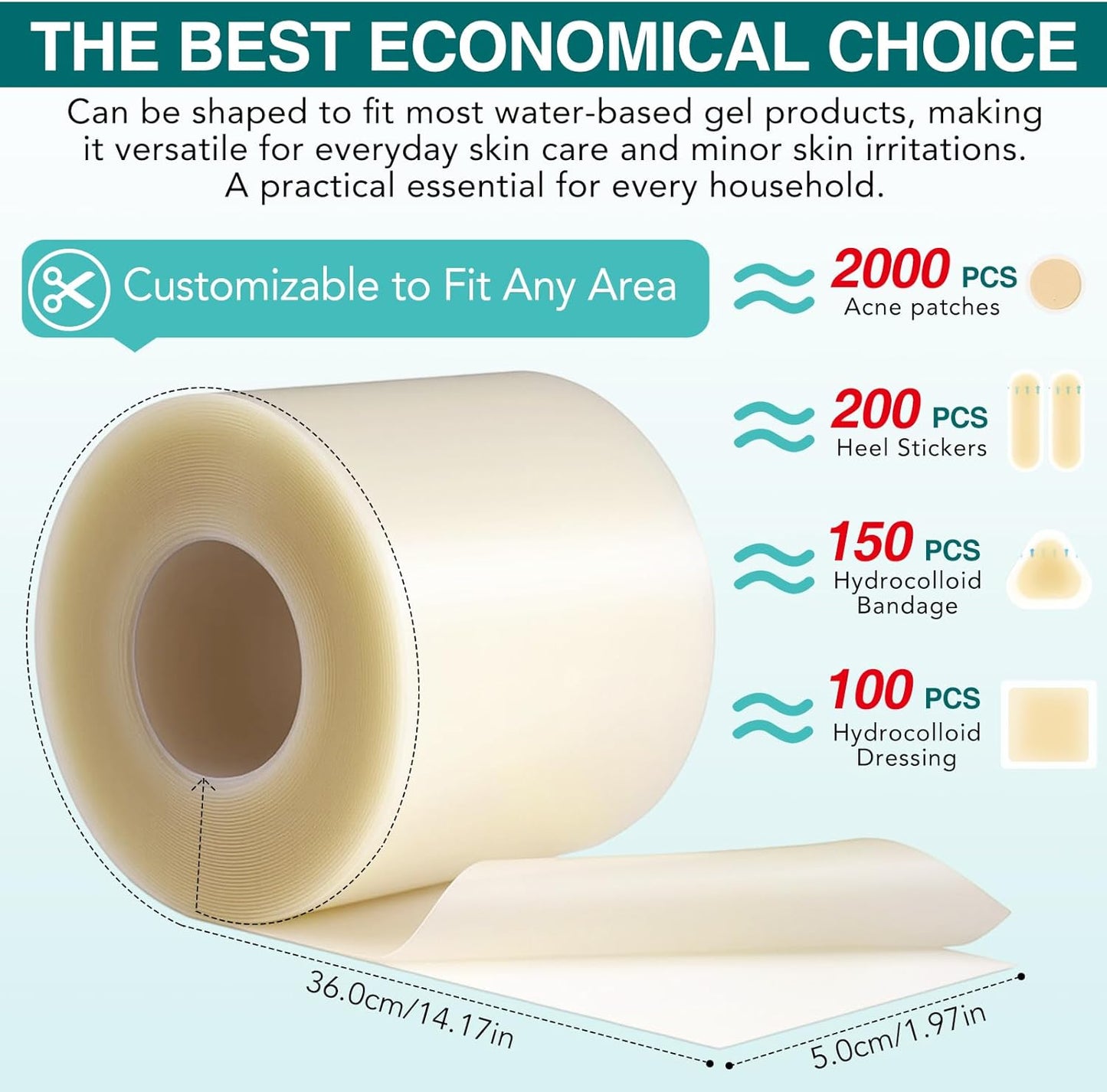 Hydrocolloid Roll for Wound Care (2IN X11.8FT), Medical Grade Self-Adhesive Hydrocolloid Patch Bandages for Wound Healing,Ultra-Thin & Waterproof, Scar Prevention, Burn Care