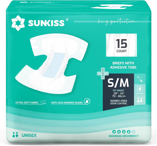 SUNKISS TrustPlus Adult Diapers with Maximum Absorbency, Unisex Disposable Incontinence Briefs with Tabs for Men and Women, Odor Control, Small/Medium, 15 Count
