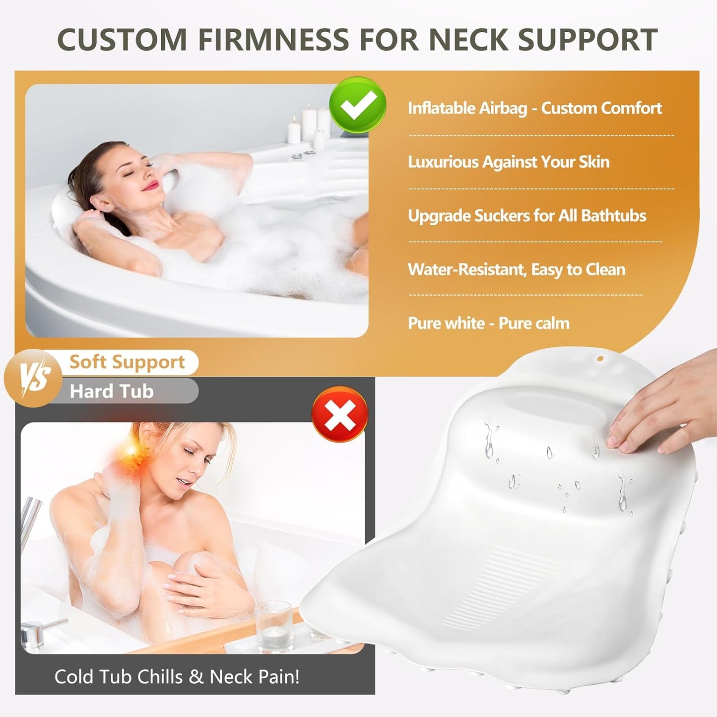 Inflatable Bath Pillow for Tub - Adjustable Firmness Silicone Bathtub Pillow for Spa Neck-Relaxing & Epsom Salt Soaking, Head & Back Reclining Support Cushion, Spa Gifts for Women, Parent, Friends