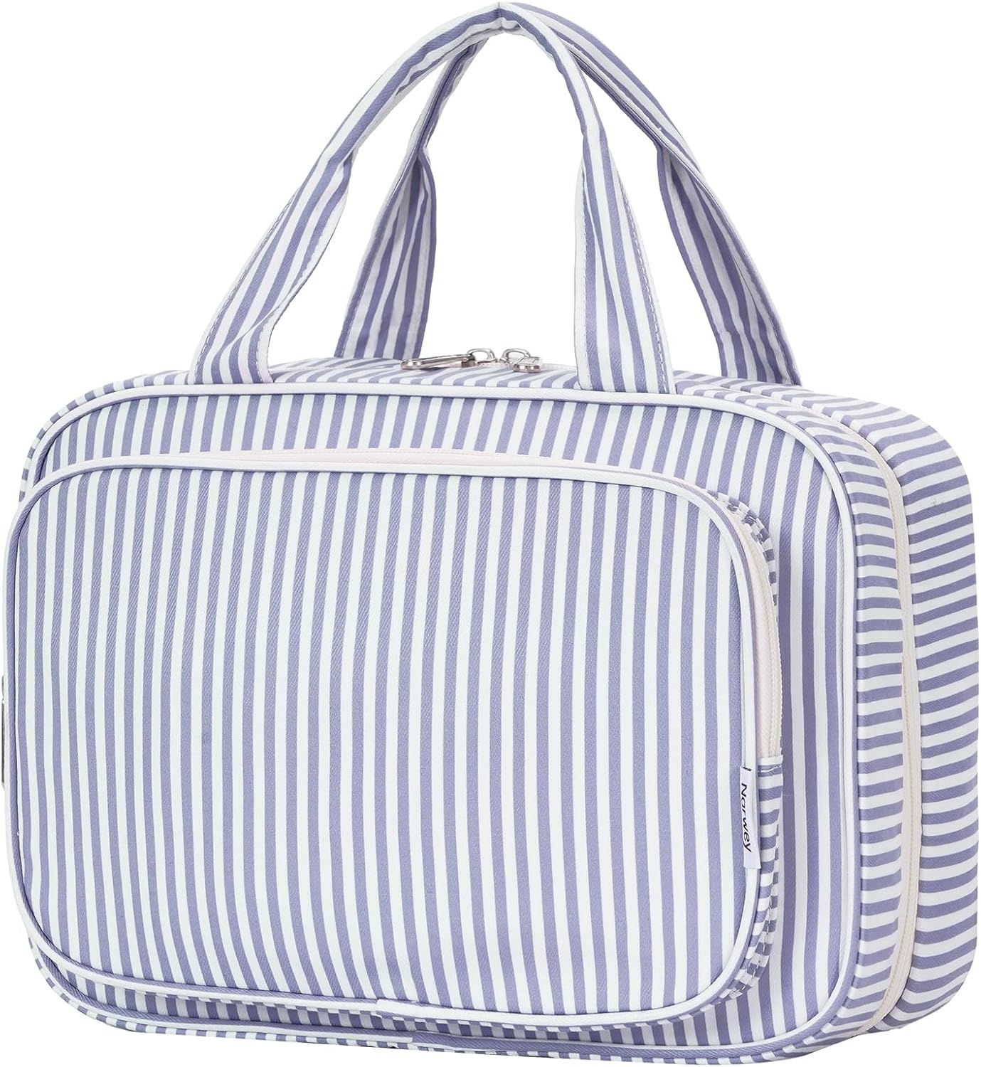 Narwey Striped Travel Toiletry Bag for Women Large Hanging Makeup Bag Organizer Toiletries Bag for Full Size Essentials Accessories Cosmetics (Greyish Blue Stripe (Large))