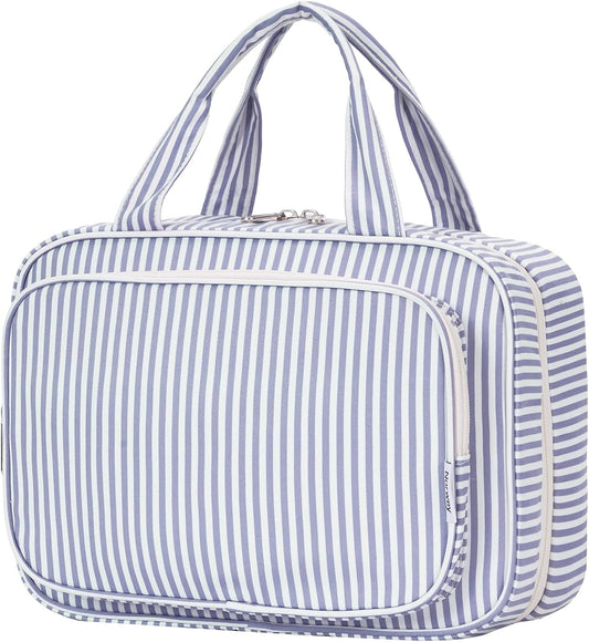 Narwey Striped Travel Toiletry Bag for Women Large Hanging Makeup Bag Organizer Toiletries Bag for Full Size Essentials Accessories Cosmetics (Greyish Blue Stripe (Large))