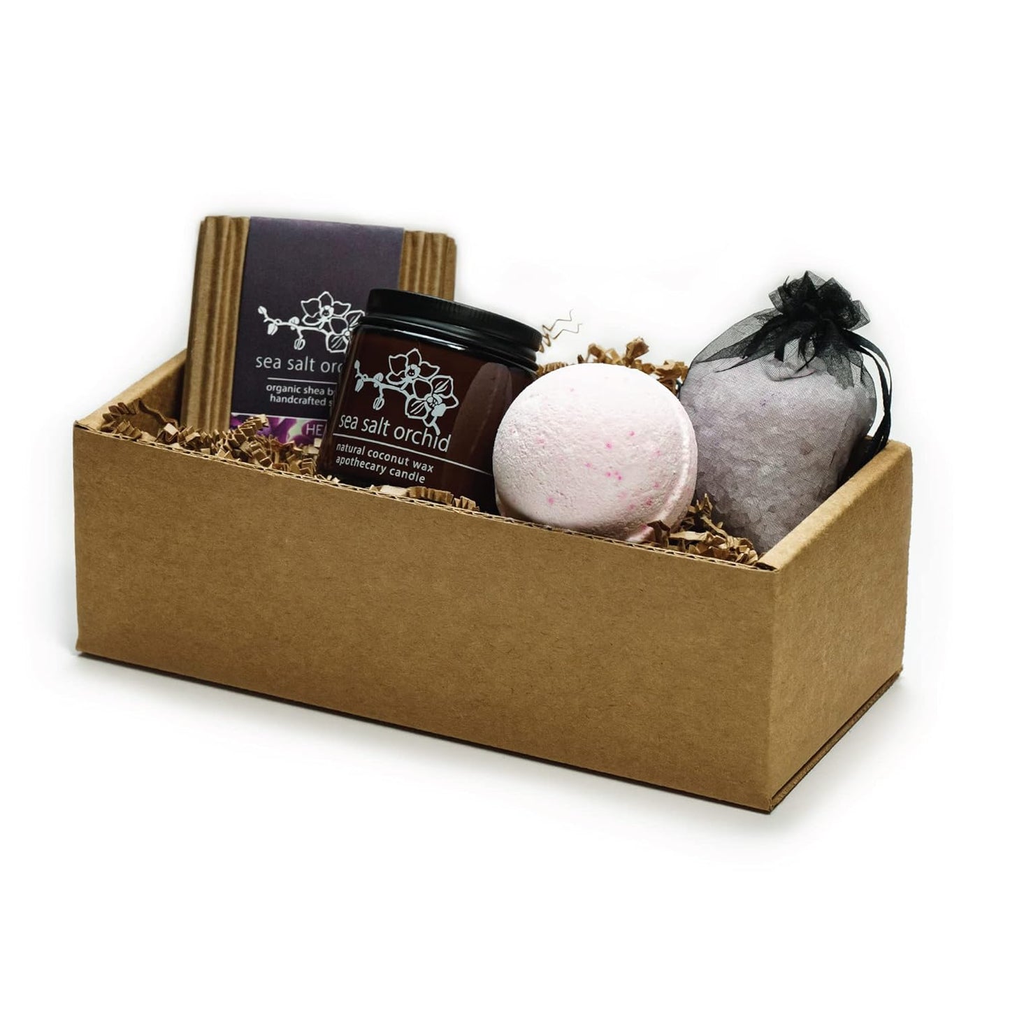 Hemlock Park Sea Salt Orchid Artisanal Spa Gift Box | Apothecary Candle, Shea Butter Soap, Bath Bomb, Mineral Salt Bath Soak | Handcrafted with Plant Based Ingredients