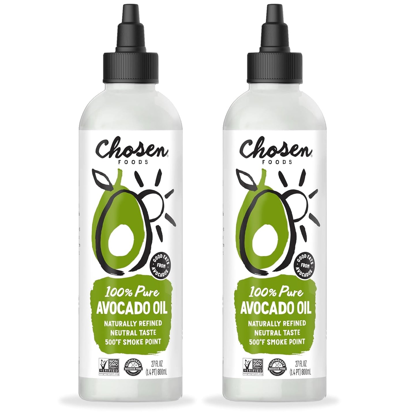 Chosen Foods 100% Pure Avocado Oil Squeeze Bottle 27oz 2-pack - For Drizzling, Sautéing, Roasting, Searing, & Baking-High Smoke Point Cooking Oil - Kosher, Keto Friendly - With Recipe eBook