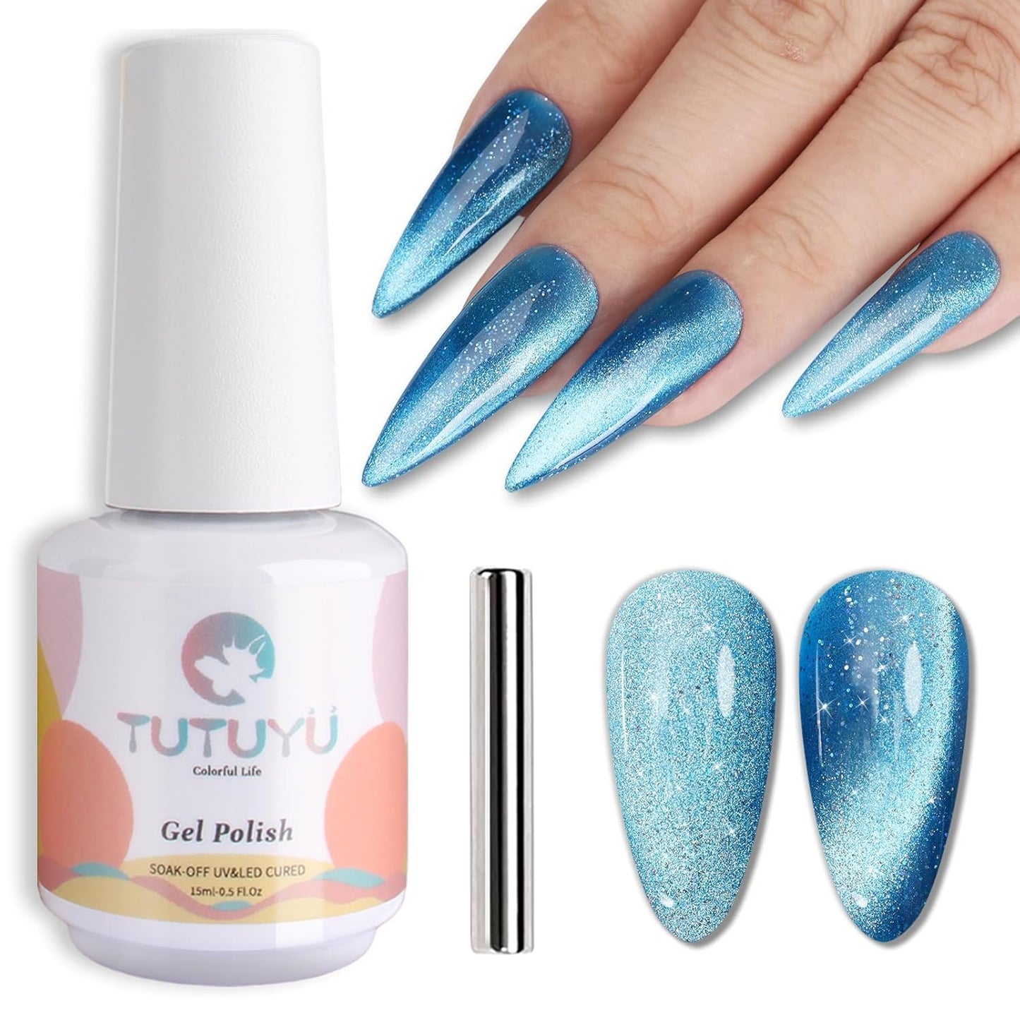Blue Cat Eye Gel Nail Polish,Iridescent Quicksand Galaxy Holographic Blue Cateye Gel Polish with Magnet, Shimmer Velvet Soak Off Uv Led Home Diy Manicure - GP0102
