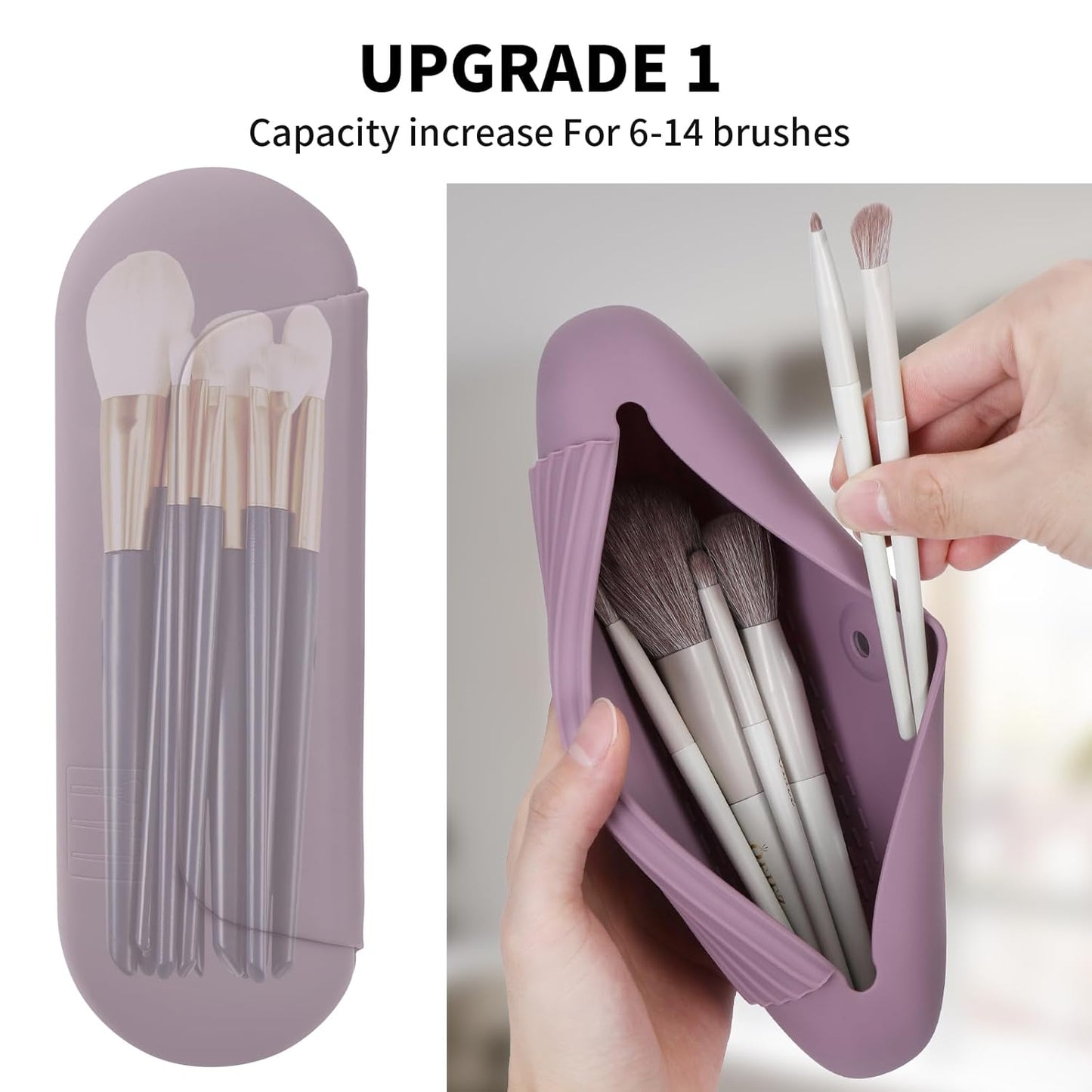 Silicone Makeup Brush Holder Travel Cosmetic Bag：Soft Portable Cosmetic Face Brushes Holder with Upgrade Anti-Fall Out Magnetic Closure, Large Travel Makeup Brush Case - Light Purple