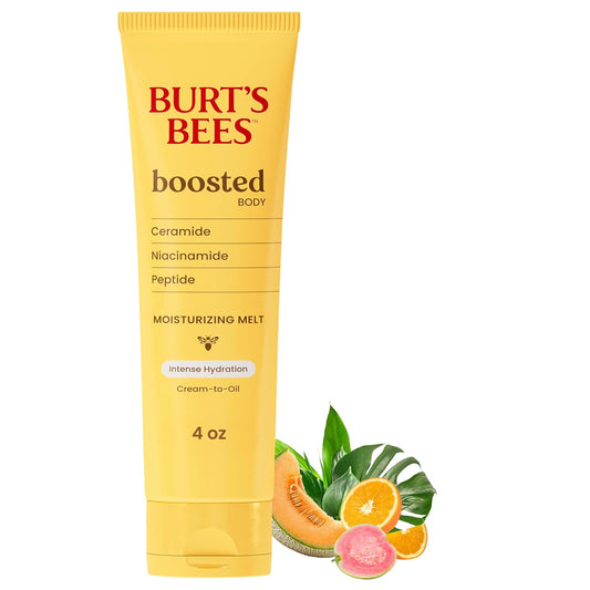 Burt's Bees Boosted Body Moisturizing Melt With a Ceramide, Niacinamide and Peptide Complex, Intense Skin Hydration, Cream-to-Oil Body Lotion Helps Support Skin Barrier, Tropical Scented, 4 oz. Tube