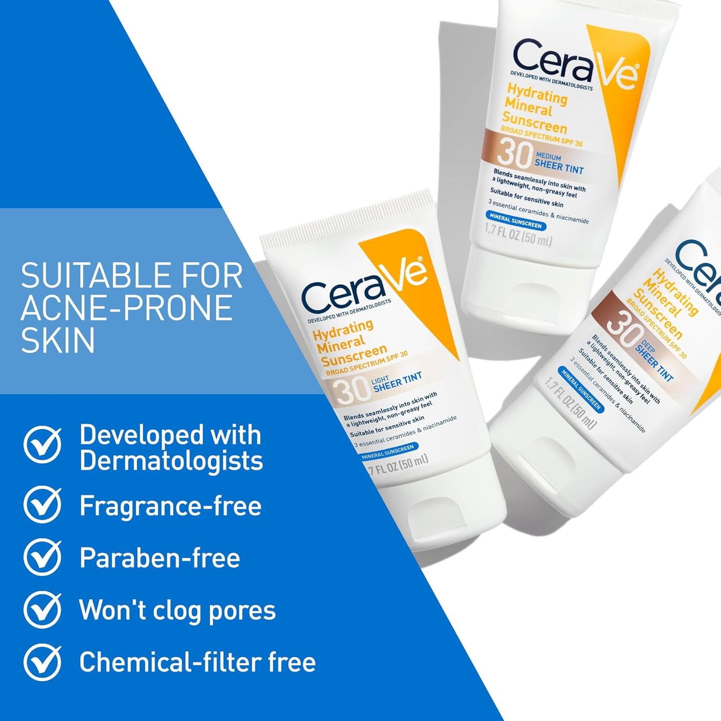 CeraVe Hydrating Mineral Sunscreen SPF 30 with Sheer Tint, Tinted Mineral Sunscreen with Zinc Oxide & Titanium Dioxide, Blends Seamlessly For Healthy Glow, Deep, 1.7 Oz