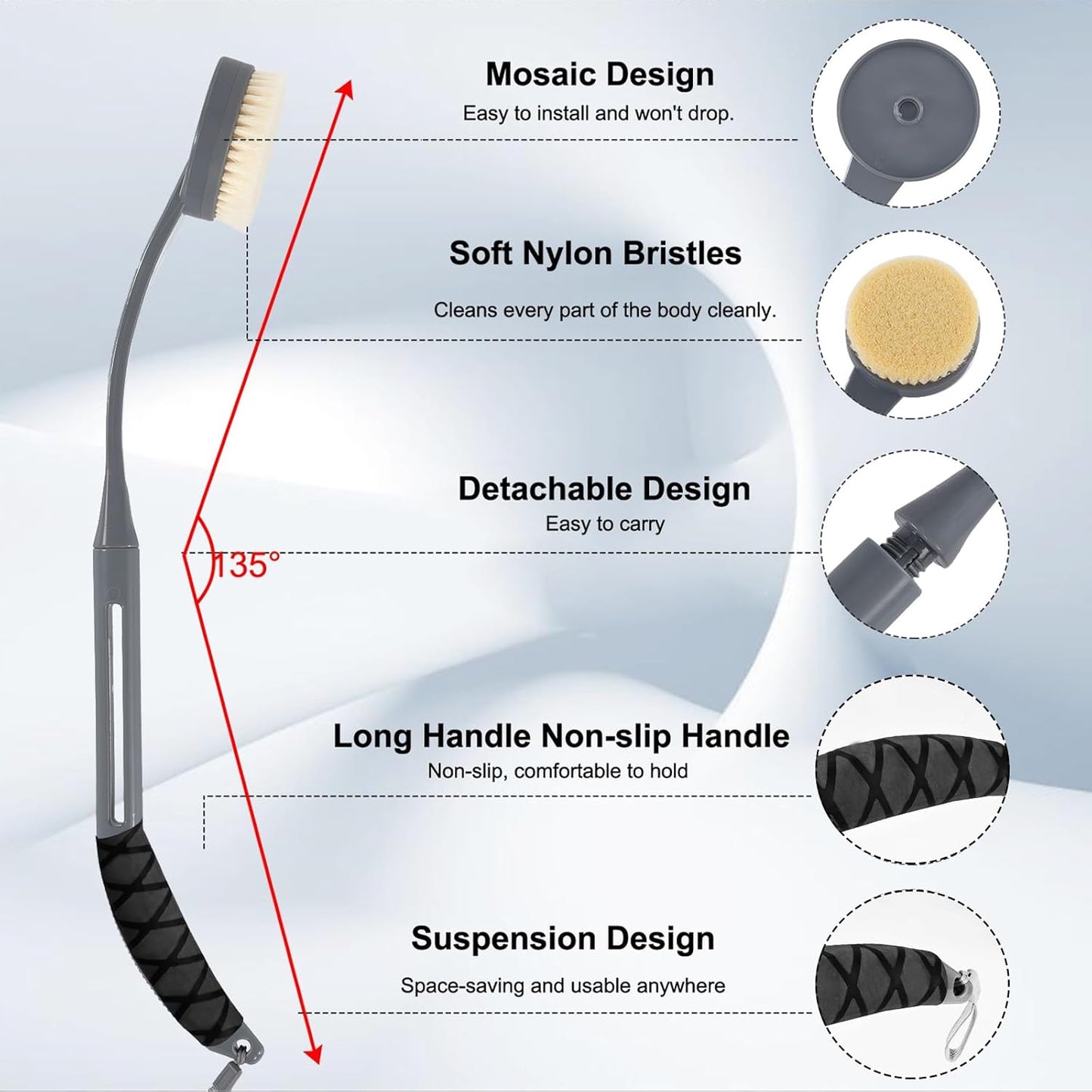 Back Scrubber for Shower,20.5" Bath Brush Long Handle for Deep Cleaning,Back Brush for Shower Men Women(Grey)