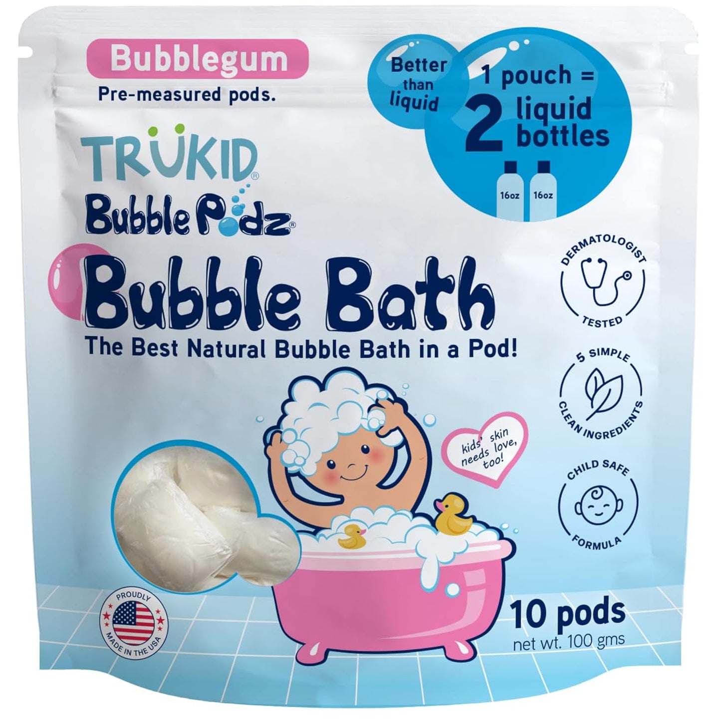 TruKid Bubble Podz Bubble Bath for Kids, Toddlers, & Babies, Tear Free Gentle & Refreshing Bath Bomb for Sensitive Skin with Natural Moisturizers, Non-Toxic, pH Balanced, Bubble Gum Scent (10 Podz)